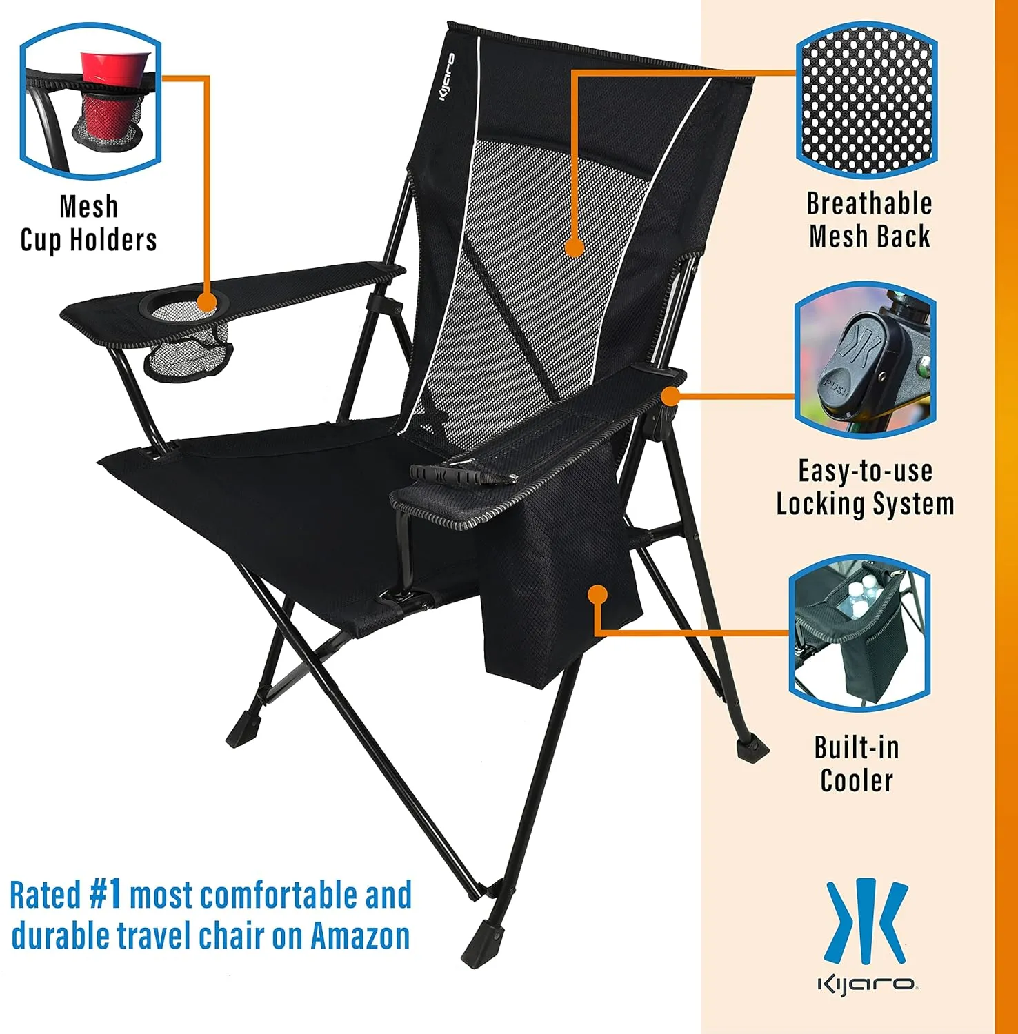 Kijaro Dual Lock Portable Chair with Cooler - Vik Black, Folding, Camping, 300 lb Capacity, 2 Cup Holders