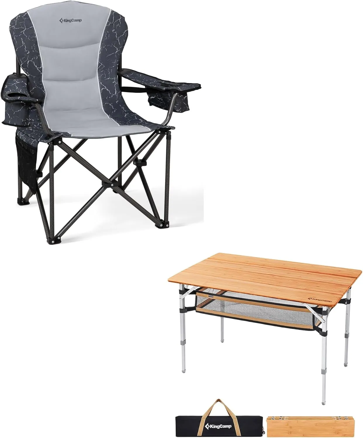 KingCamp Oversized Camping Folding Chair, Heavy Duty 450 LBS withBamboo Folding Table Lightweight Camping Table with Storage Mesh Layer
