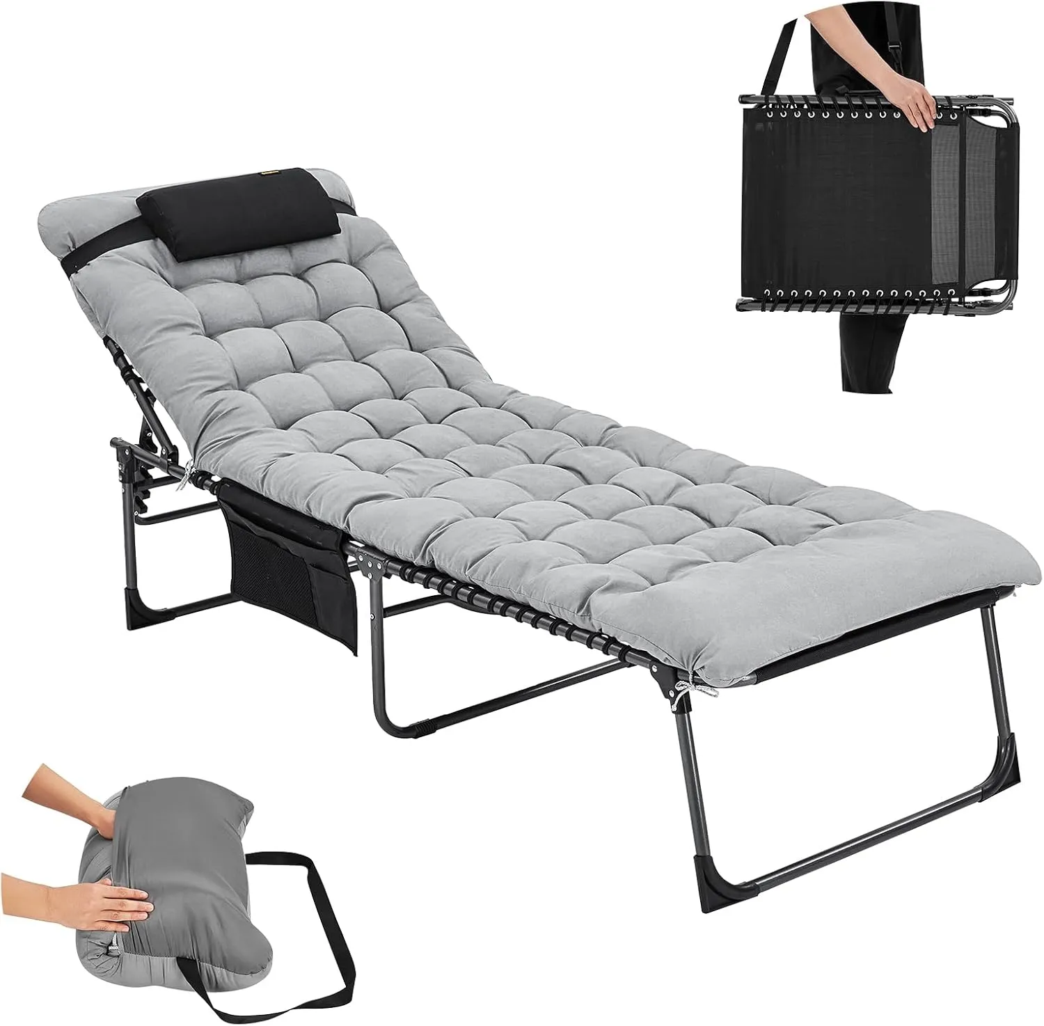 KingCamp Oversized Chaise Lounge Chair Outdoor, Folding Portable Comfy Adjustable 5-Position Lay Flat Tanning Chaser Lounger with Mattress for Outside Beach Patio Sun Bathing Pool Backyard Lawn