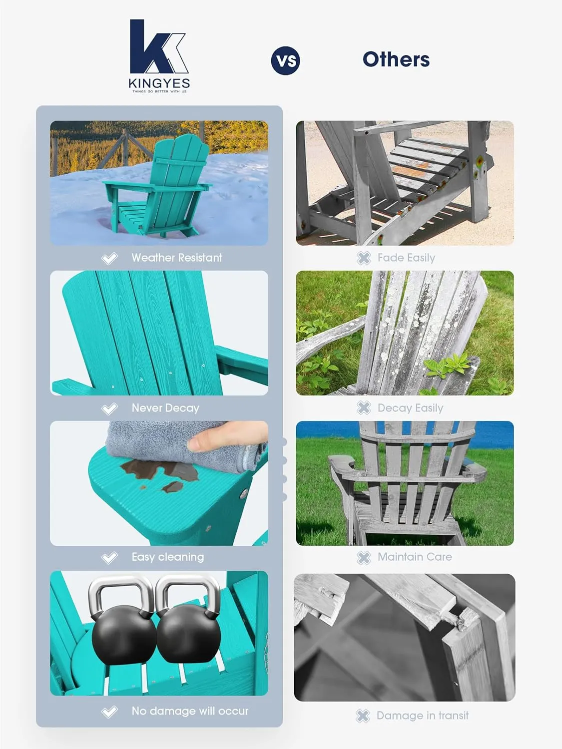 KINGYES Folding Adirondack Chair, HDPE All-Weather Patio Chairs, Wooden Textured Lawn Chair for Poolside, Backyard, Deck, Fire Pit, Aruba