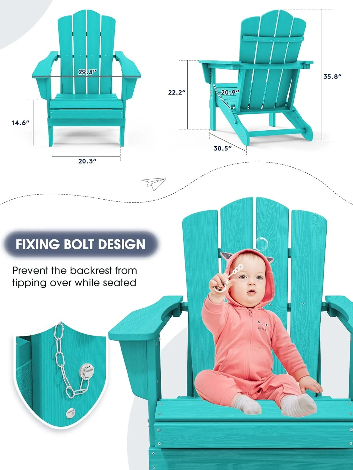 KINGYES Folding Adirondack Chair, HDPE All-Weather Patio Chairs, Wooden Textured Lawn Chair for Poolside, Backyard, Deck, Fire Pit, Aruba