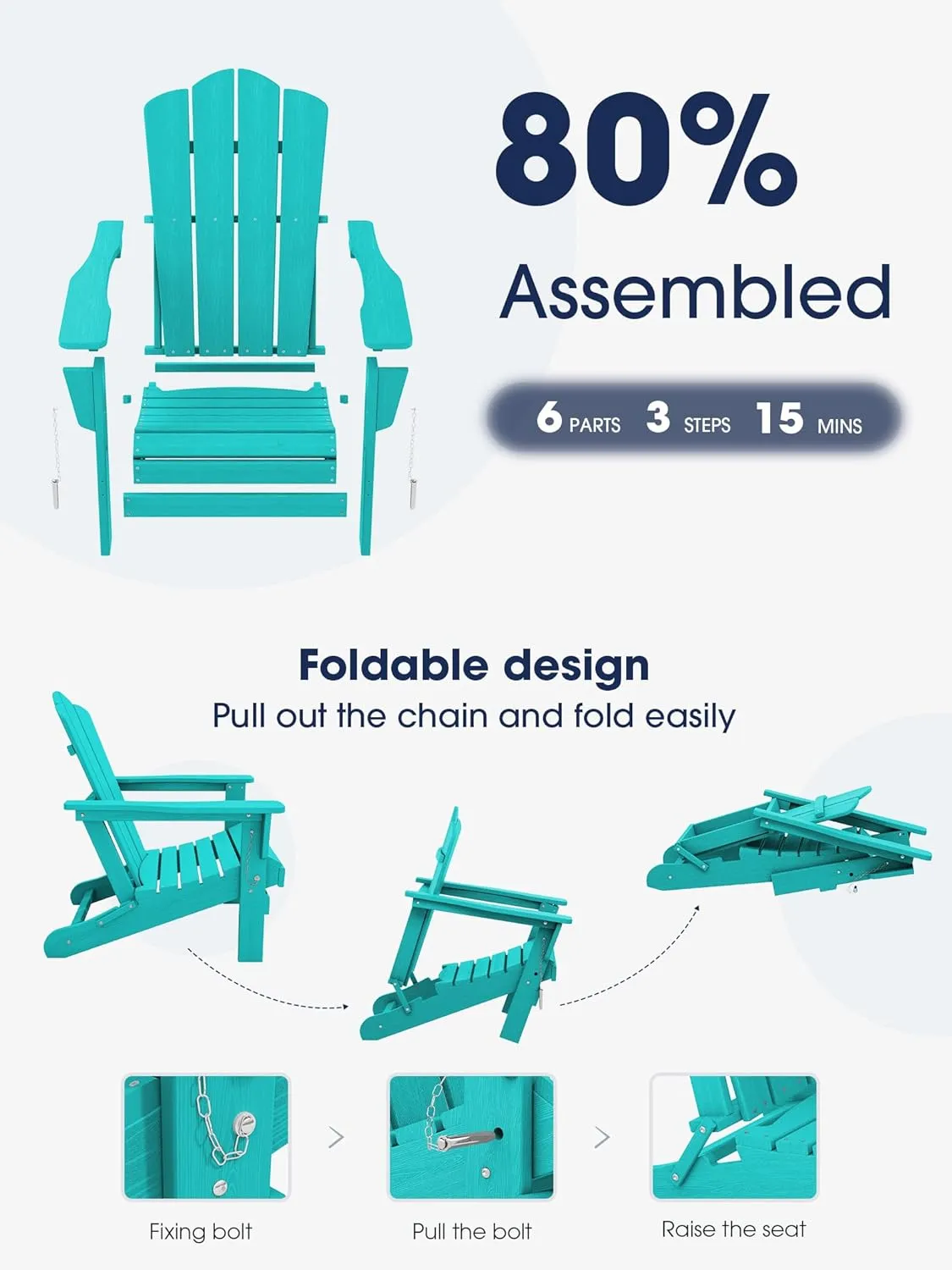 KINGYES Folding Adirondack Chair, HDPE All-Weather Patio Chairs, Wooden Textured Lawn Chair for Poolside, Backyard, Deck, Fire Pit, Aruba