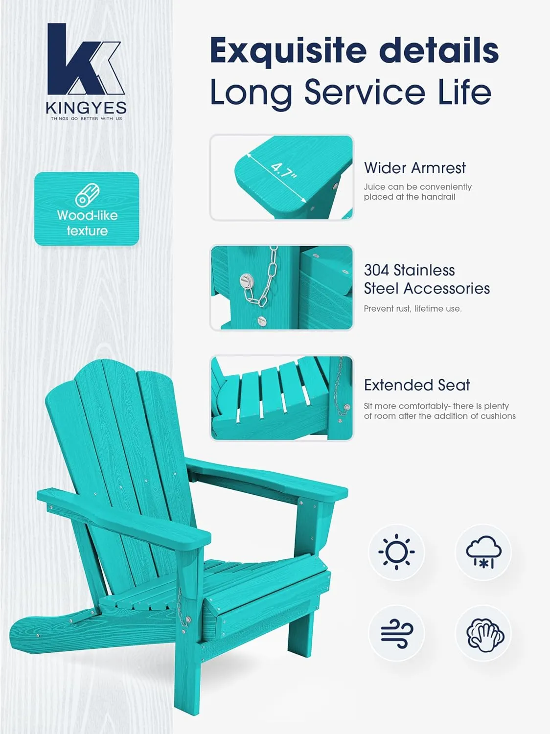 KINGYES Folding Adirondack Chair, HDPE All-Weather Patio Chairs, Wooden Textured Lawn Chair for Poolside, Backyard, Deck, Fire Pit, Aruba