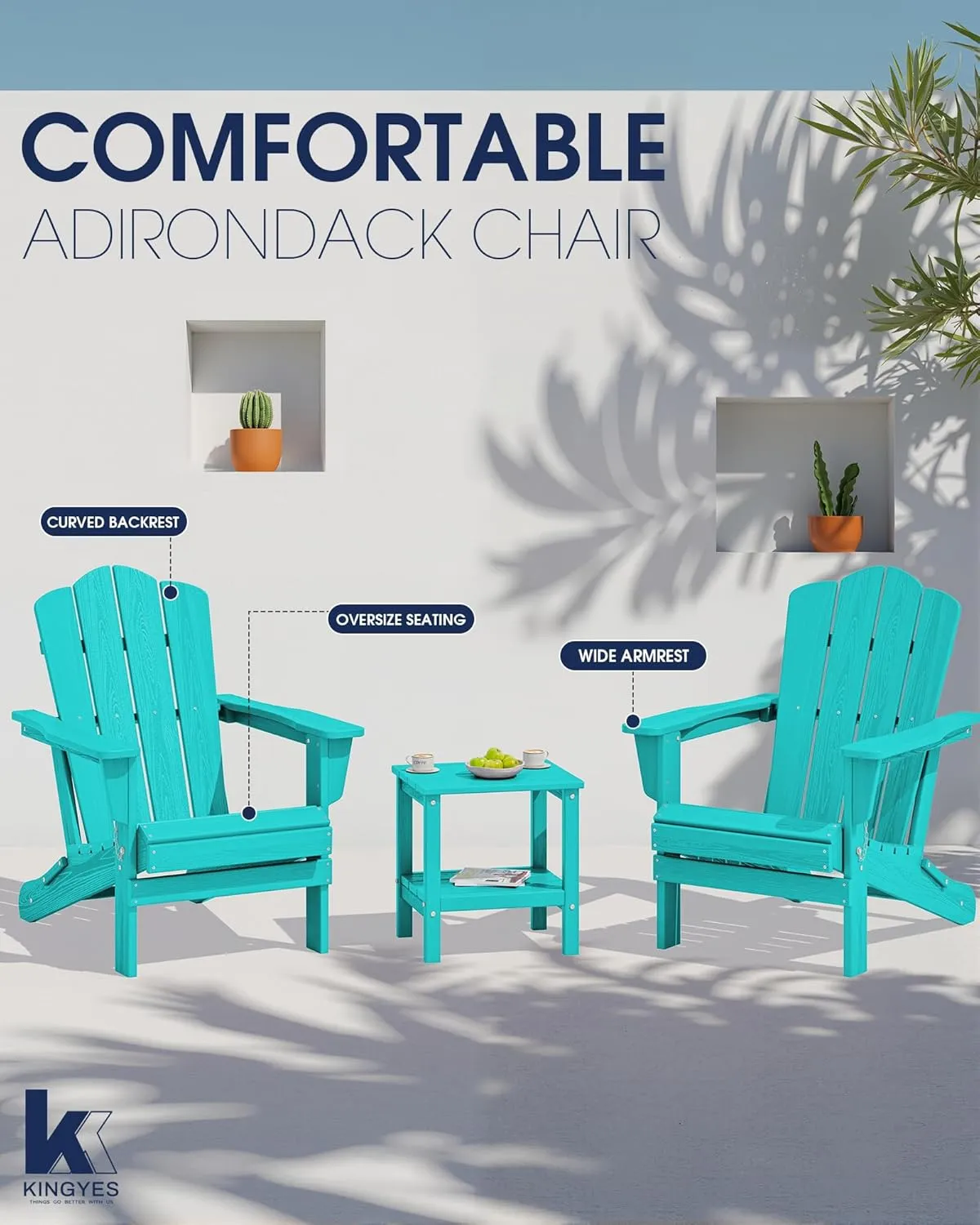 KINGYES Folding Adirondack Chair, HDPE All-Weather Patio Chairs, Wooden Textured Lawn Chair for Poolside, Backyard, Deck, Fire Pit, Aruba