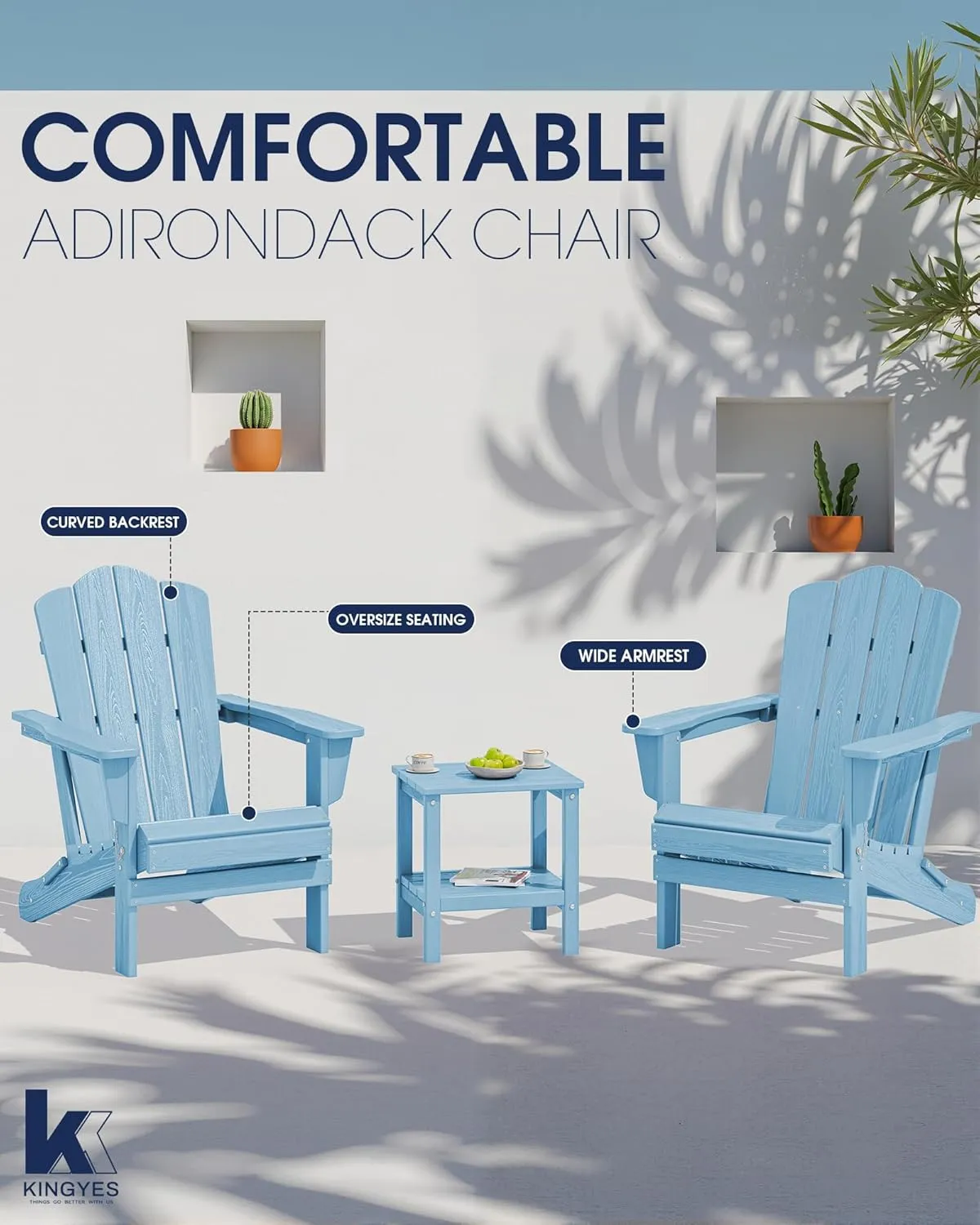 KINGYES Folding Adirondack Chair Set of 2, HDPE All-Weather Folding Adirondack Chair, Light Blue