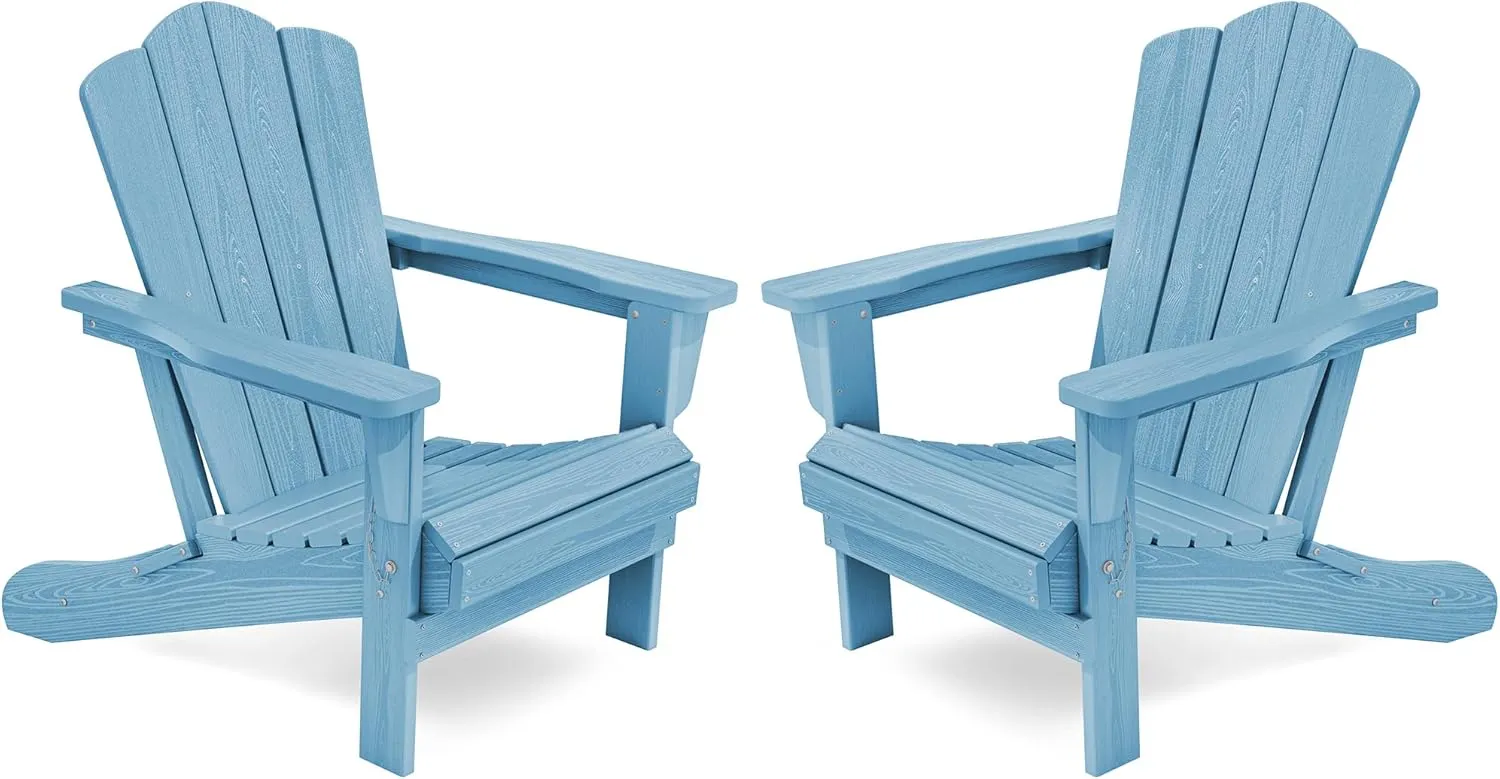 KINGYES Folding Adirondack Chair Set of 2, HDPE All-Weather Folding Adirondack Chair, Light Blue