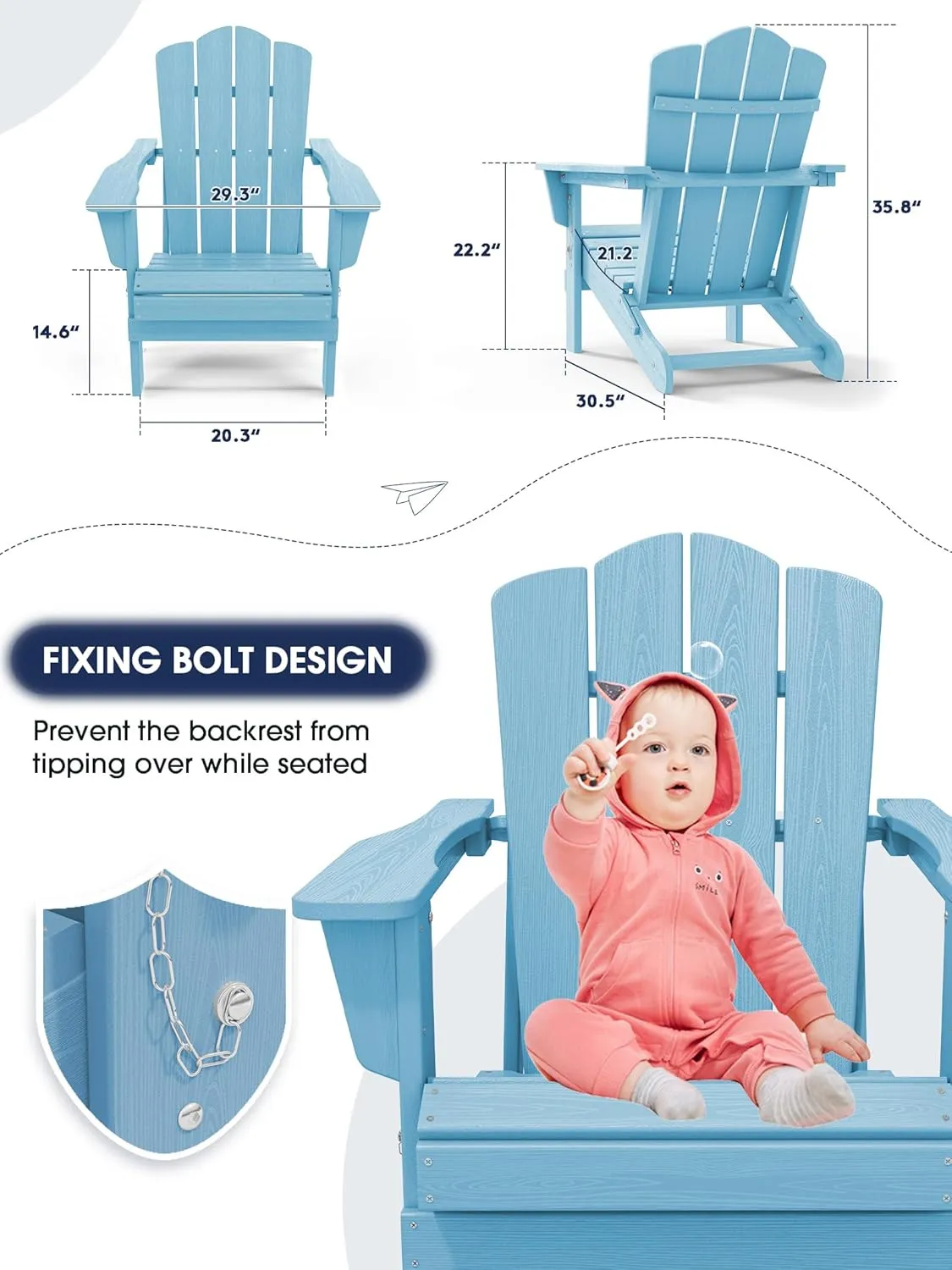 KINGYES Folding Adirondack Chair Set of 2, HDPE All-Weather Folding Adirondack Chair, Light Blue