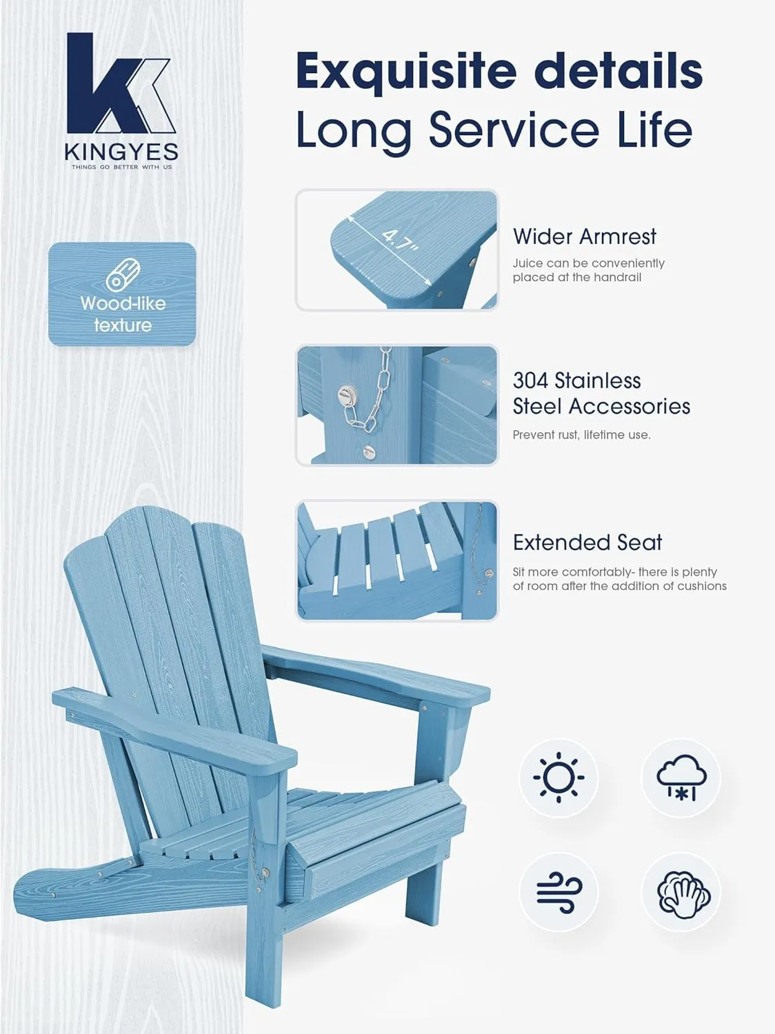 KINGYES Folding Adirondack Chair Set of 2, HDPE All-Weather Folding Adirondack Chair, Light Blue