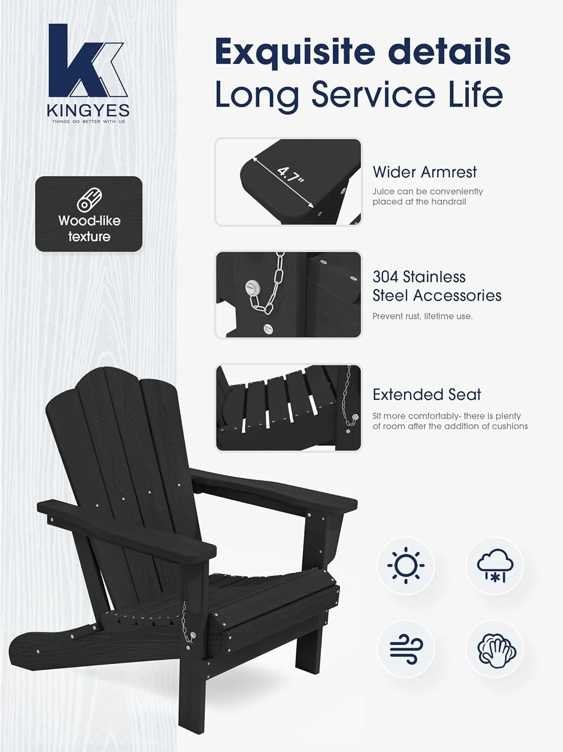 KINGYES Folding Adirondack Chair Set of 2, HDPE All-Weather Patio Chairs, Wooden Textured Lawn Chair for Poolside, Backyard, Deck, Fire Pit, Black