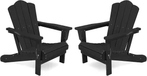 KINGYES Folding Adirondack Chair Set of 2, HDPE All-Weather Patio Chairs, Wooden Textured Lawn Chair for Poolside, Backyard, Deck, Fire Pit, Black