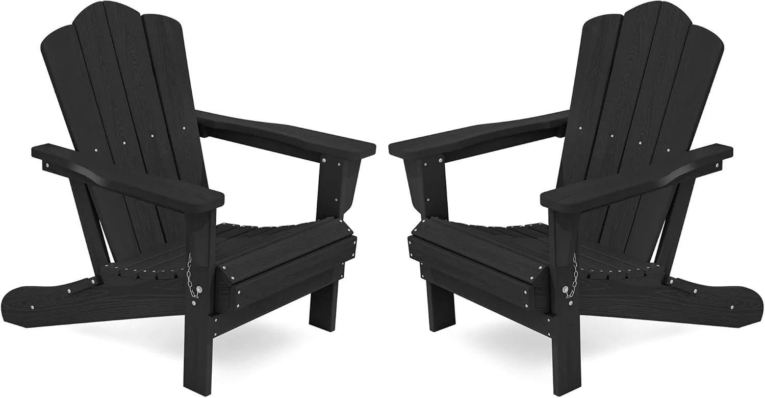 KINGYES Folding Adirondack Chair Set of 2, HDPE All-Weather Patio Chairs, Wooden Textured Lawn Chair for Poolside, Backyard, Deck, Fire Pit, Black