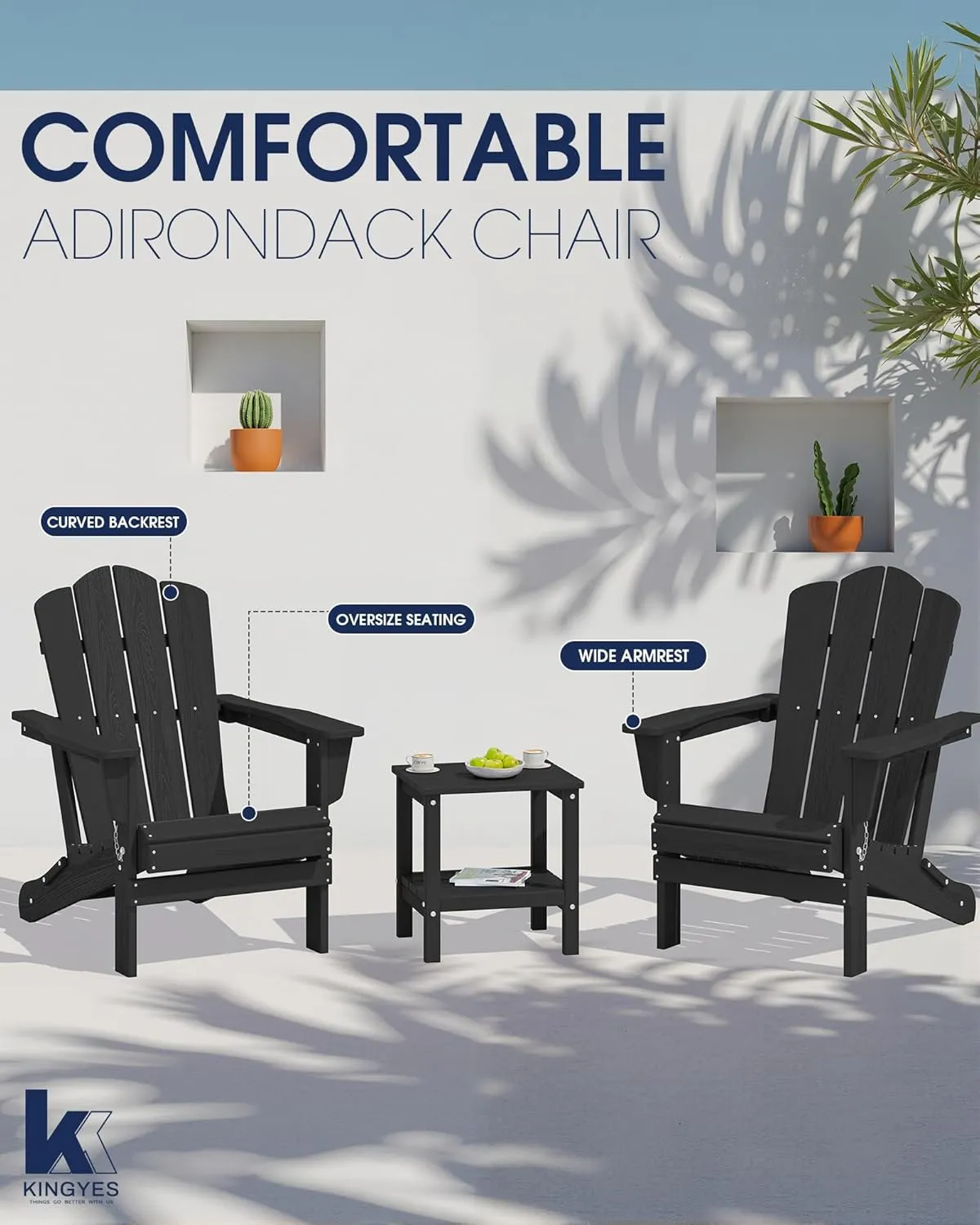 KINGYES Folding Adirondack Chair Set of 2, HDPE All-Weather Patio Chairs, Wooden Textured Lawn Chair for Poolside, Backyard, Deck, Fire Pit, Black