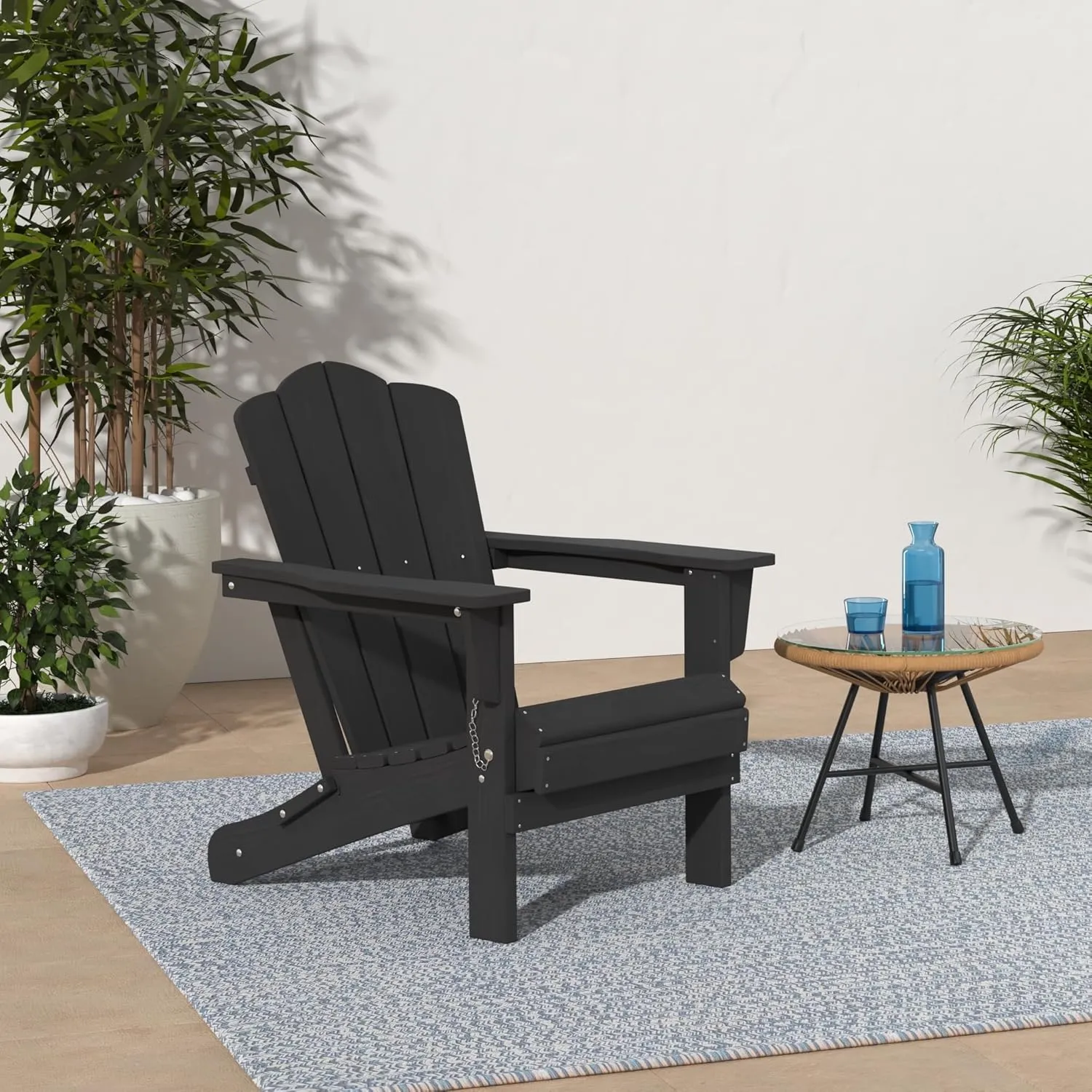 KINGYES Folding Adirondack Chair Set of 2, HDPE All-Weather Patio Chairs, Wooden Textured Lawn Chair for Poolside, Backyard, Deck, Fire Pit, Black