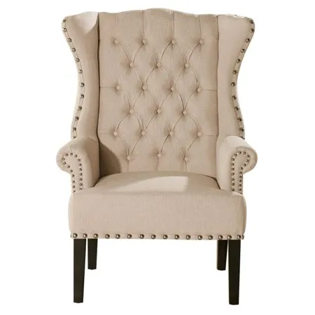 Knuckey French Country Beige Linen Nailhead Wing-Back Armchair