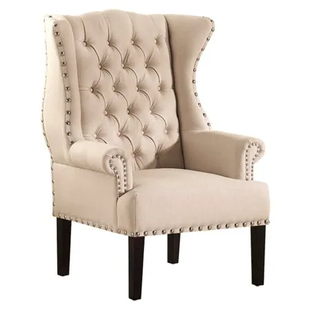 Knuckey French Country Beige Linen Nailhead Wing-Back Armchair
