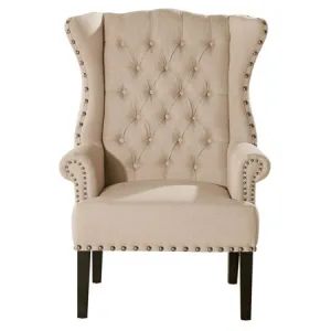 Knuckey French Country Beige Linen Nailhead Wing-Back Armchair