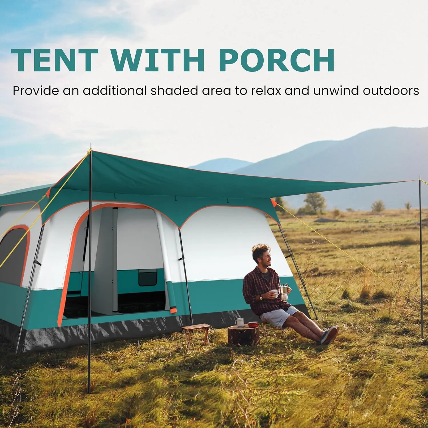 KOTEK 6-8 Person Tents for Camping, Family Tent with 2 Rooms, 2 Doors, 2 Mesh Windows, Porch & Removable Rainfly, Large Camping Tent for Outdoor Picnic, Hiking, Gathering
