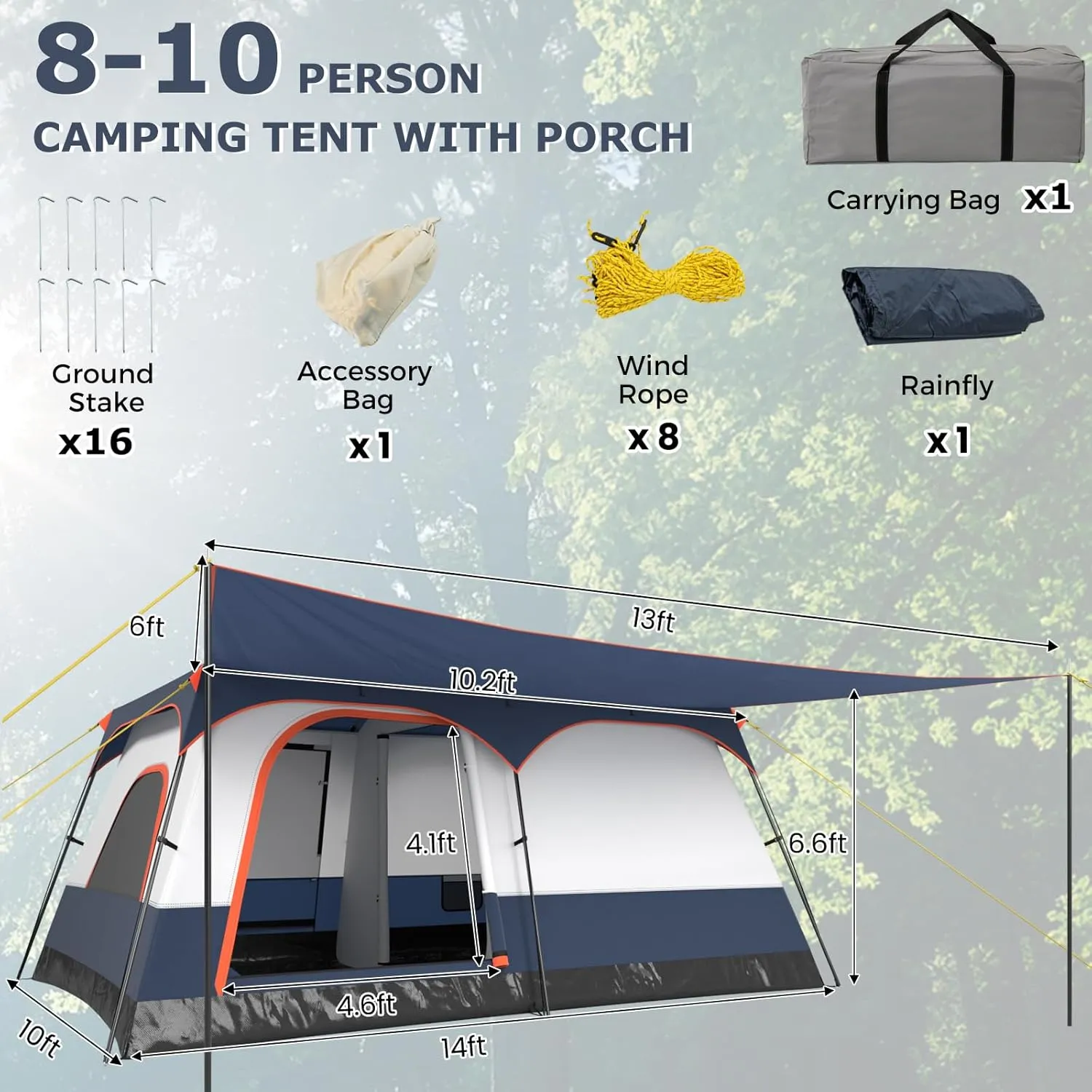 KOTEK 6-8 Person Tents for Camping, Family Tent with 2 Rooms, 2 Doors, 2 Mesh Windows, Porch & Removable Rainfly, Large Camping Tent for Outdoor Picnic, Hiking, Gathering