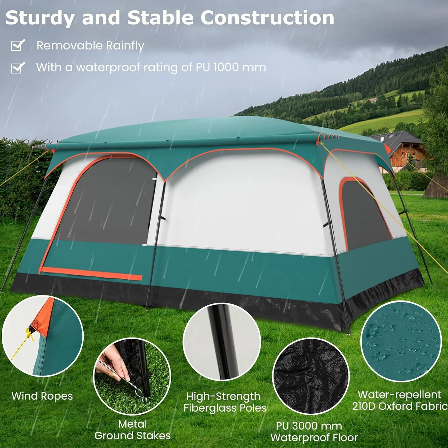 KOTEK 6-8 Person Tents for Camping, Family Tent with 2 Rooms, 2 Doors, 2 Mesh Windows, Porch & Removable Rainfly, Large Camping Tent for Outdoor Picnic, Hiking, Gathering