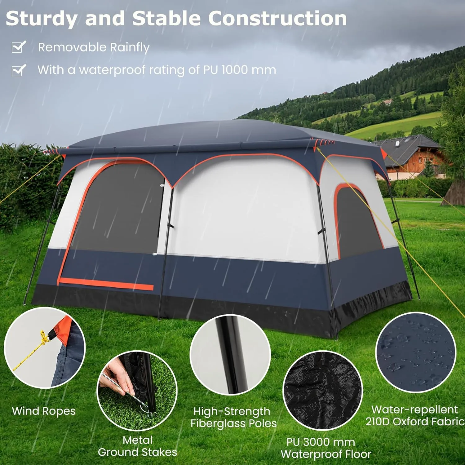 KOTEK 6-8 Person Tents for Camping, Family Tent with 2 Rooms, 2 Doors, 2 Mesh Windows, Porch & Removable Rainfly, Large Camping Tent for Outdoor Picnic, Hiking, Gathering
