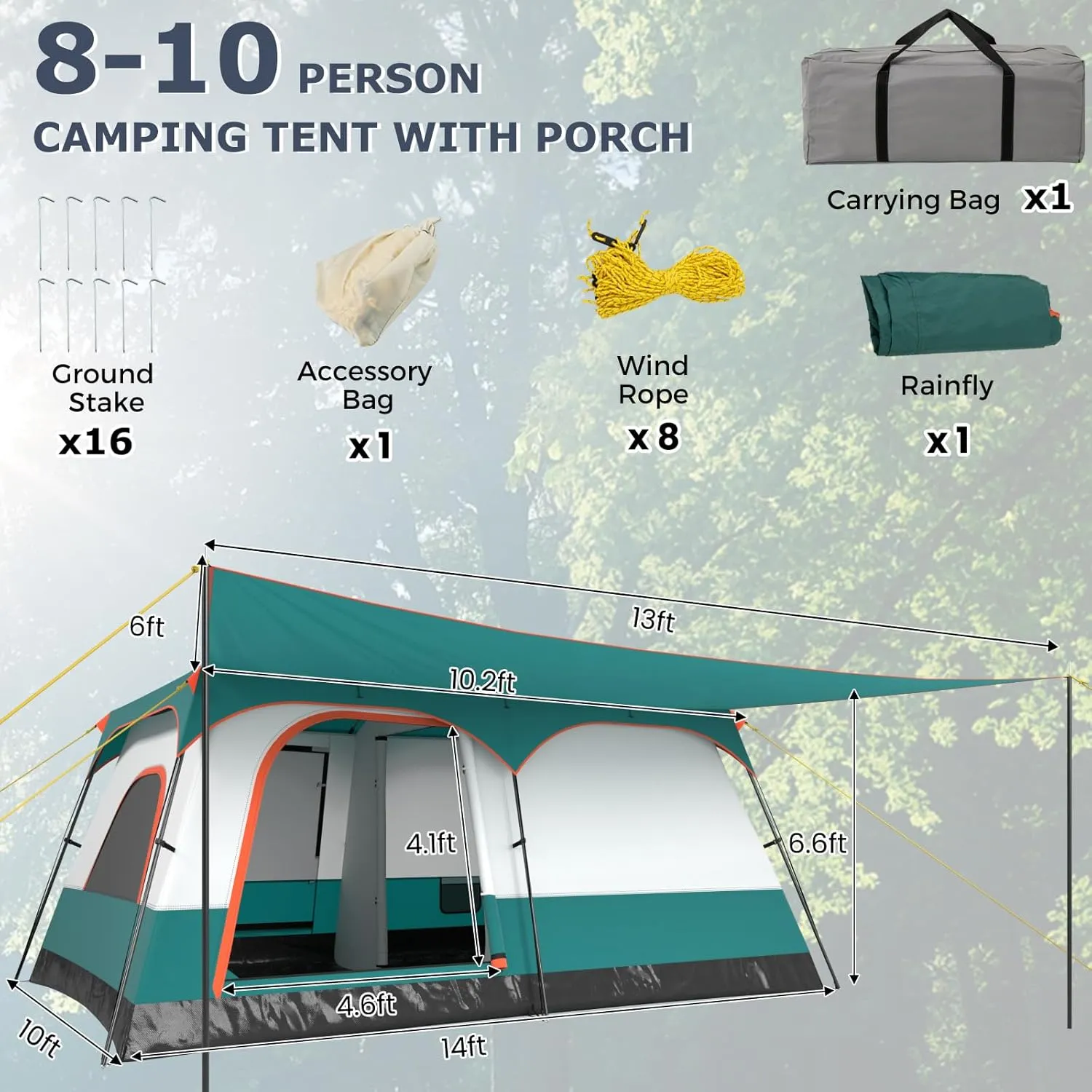 KOTEK 6-8 Person Tents for Camping, Family Tent with 2 Rooms, 2 Doors, 2 Mesh Windows, Porch & Removable Rainfly, Large Camping Tent for Outdoor Picnic, Hiking, Gathering