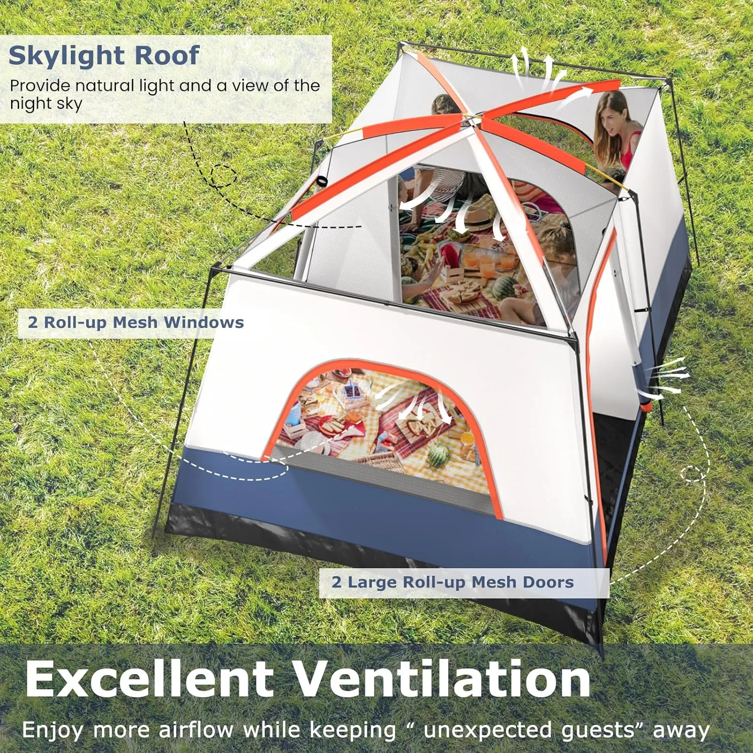 KOTEK 6-8 Person Tents for Camping, Family Tent with 2 Rooms, 2 Doors, 2 Mesh Windows, Porch & Removable Rainfly, Large Camping Tent for Outdoor Picnic, Hiking, Gathering