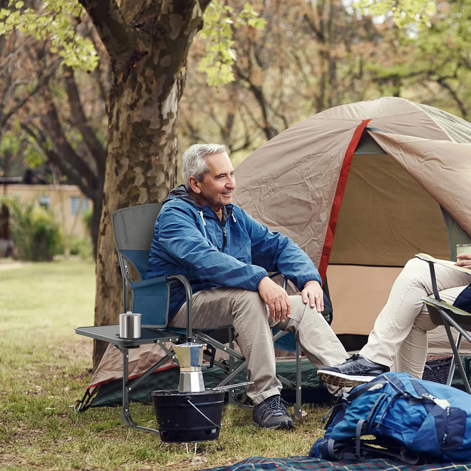 KOTEK Camping Directors Chair, Outdoor Folding Chair with Side Table, Cooler Bag & Storage Pocket, Supports 400 LBS, Portable Camp Chairs for Fishing, Picnic, Concert, Beach, Lawn, Patio (1, Blue)