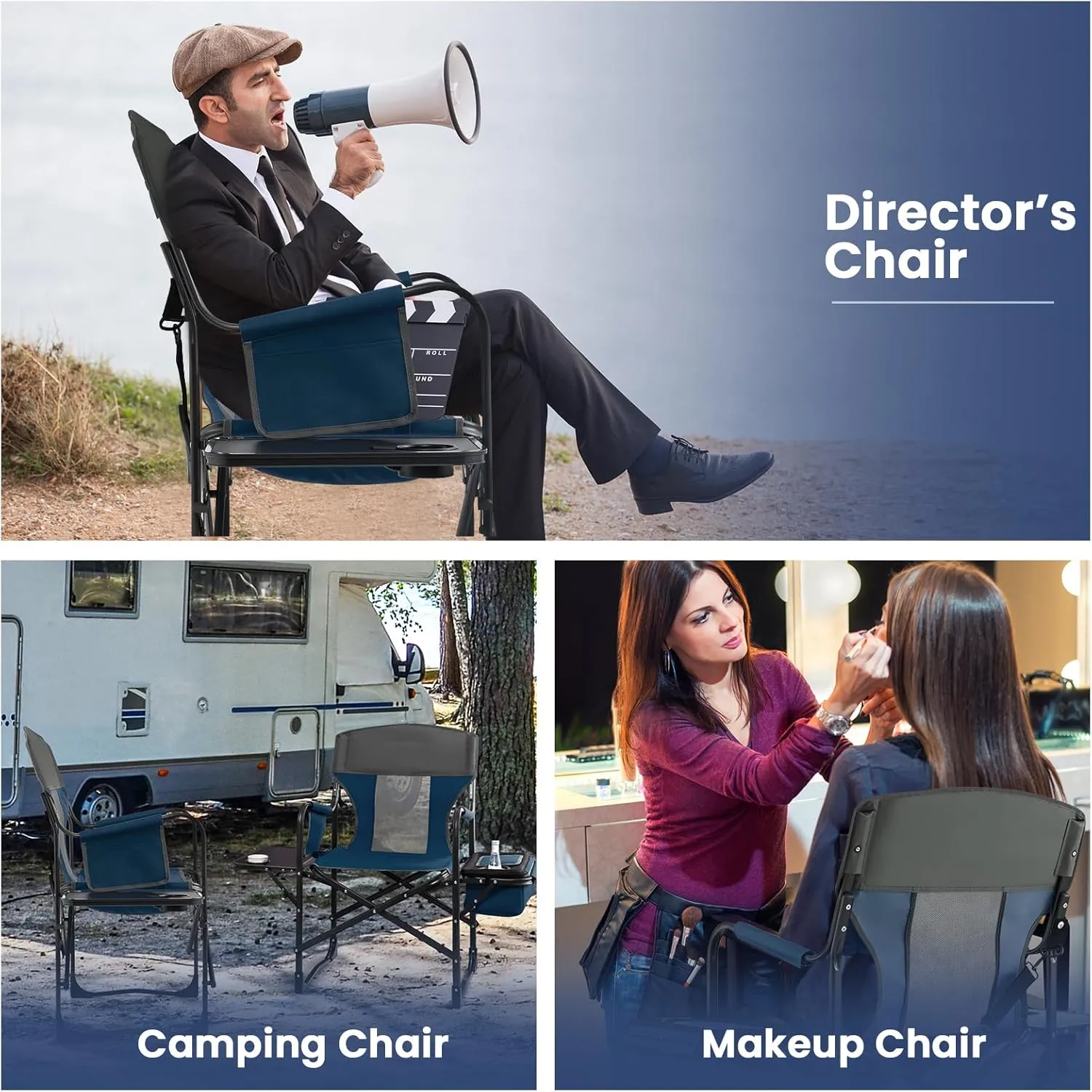 KOTEK Camping Directors Chair, Outdoor Folding Chair with Side Table, Cooler Bag & Storage Pocket, Supports 400 LBS, Portable Camp Chairs for Fishing, Picnic, Concert, Beach, Lawn, Patio (1, Blue)