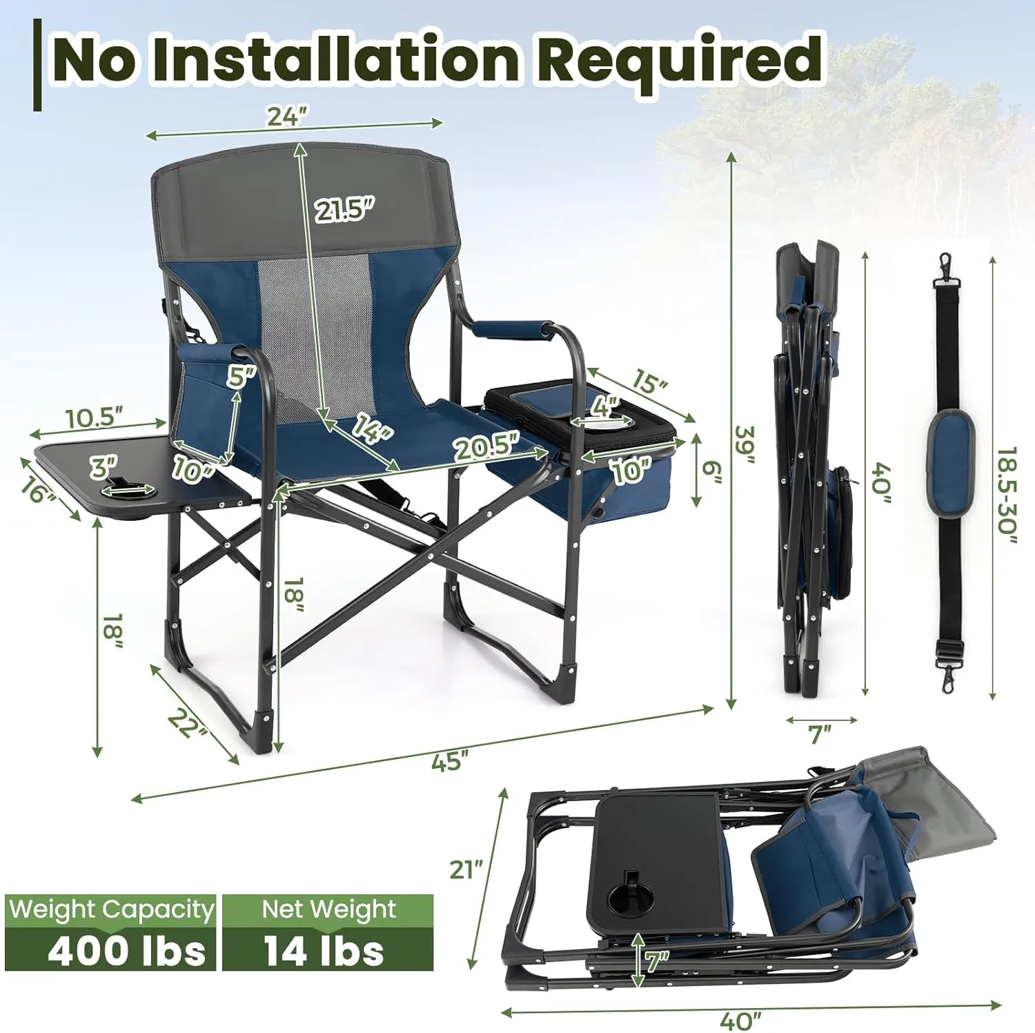 KOTEK Camping Directors Chair, Outdoor Folding Chair with Side Table, Cooler Bag & Storage Pocket, Supports 400 LBS, Portable Camp Chairs for Fishing, Picnic, Concert, Beach, Lawn, Patio (1, Blue)