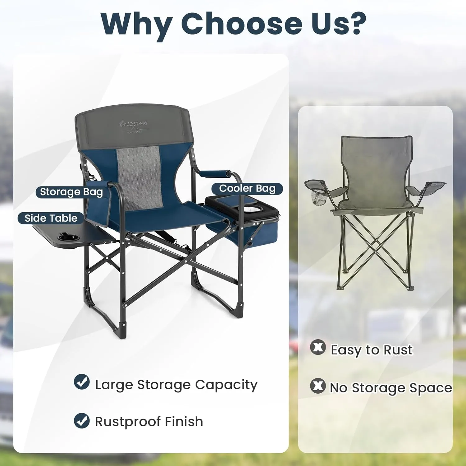 KOTEK Camping Directors Chair, Outdoor Folding Chair with Side Table, Cooler Bag & Storage Pocket, Supports 400 LBS, Portable Camp Chairs for Fishing, Picnic, Concert, Beach, Lawn, Patio (1, Blue)