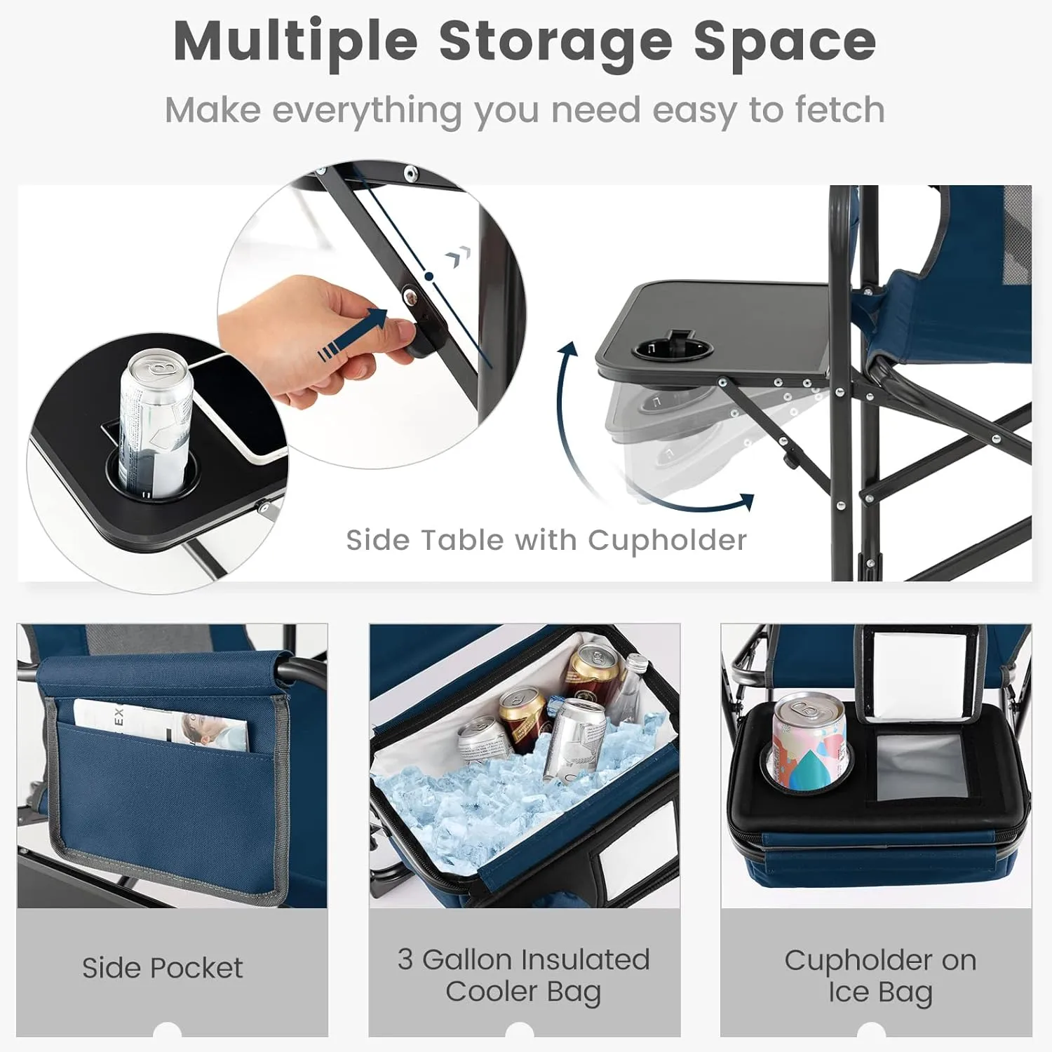 KOTEK Camping Directors Chair, Outdoor Folding Chair with Side Table, Cooler Bag & Storage Pocket, Supports 400 LBS, Portable Camp Chairs for Fishing, Picnic, Concert, Beach, Lawn, Patio (1, Blue)