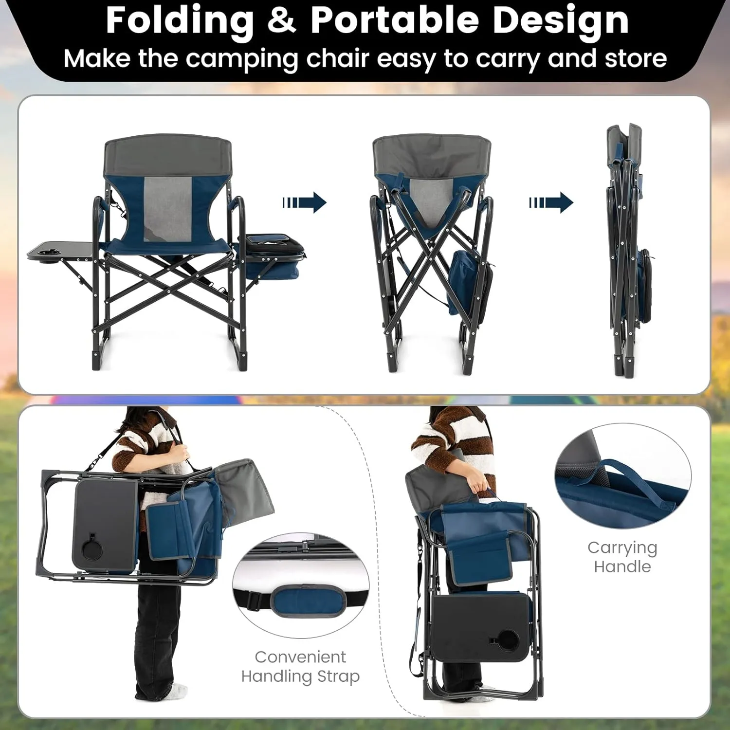 KOTEK Camping Directors Chair, Outdoor Folding Chair with Side Table, Cooler Bag & Storage Pocket, Supports 400 LBS, Portable Camp Chairs for Fishing, Picnic, Concert, Beach, Lawn, Patio (1, Blue)