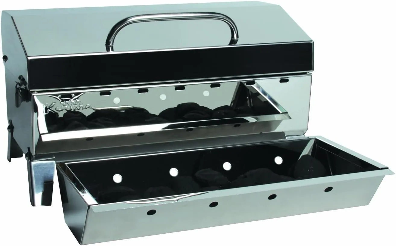 Kuuma "Kuuma Premium Stainless Steel Mountable Charcoal Grill w/Inner Lid Liner by Camco -Compact Portable Size Perfect for Boats, Tailgating and More - Stow N Go 160"" (58110)", silver
