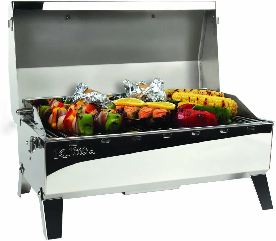 Kuuma "Kuuma Premium Stainless Steel Mountable Charcoal Grill w/Inner Lid Liner by Camco -Compact Portable Size Perfect for Boats, Tailgating and More - Stow N Go 160"" (58110)", silver