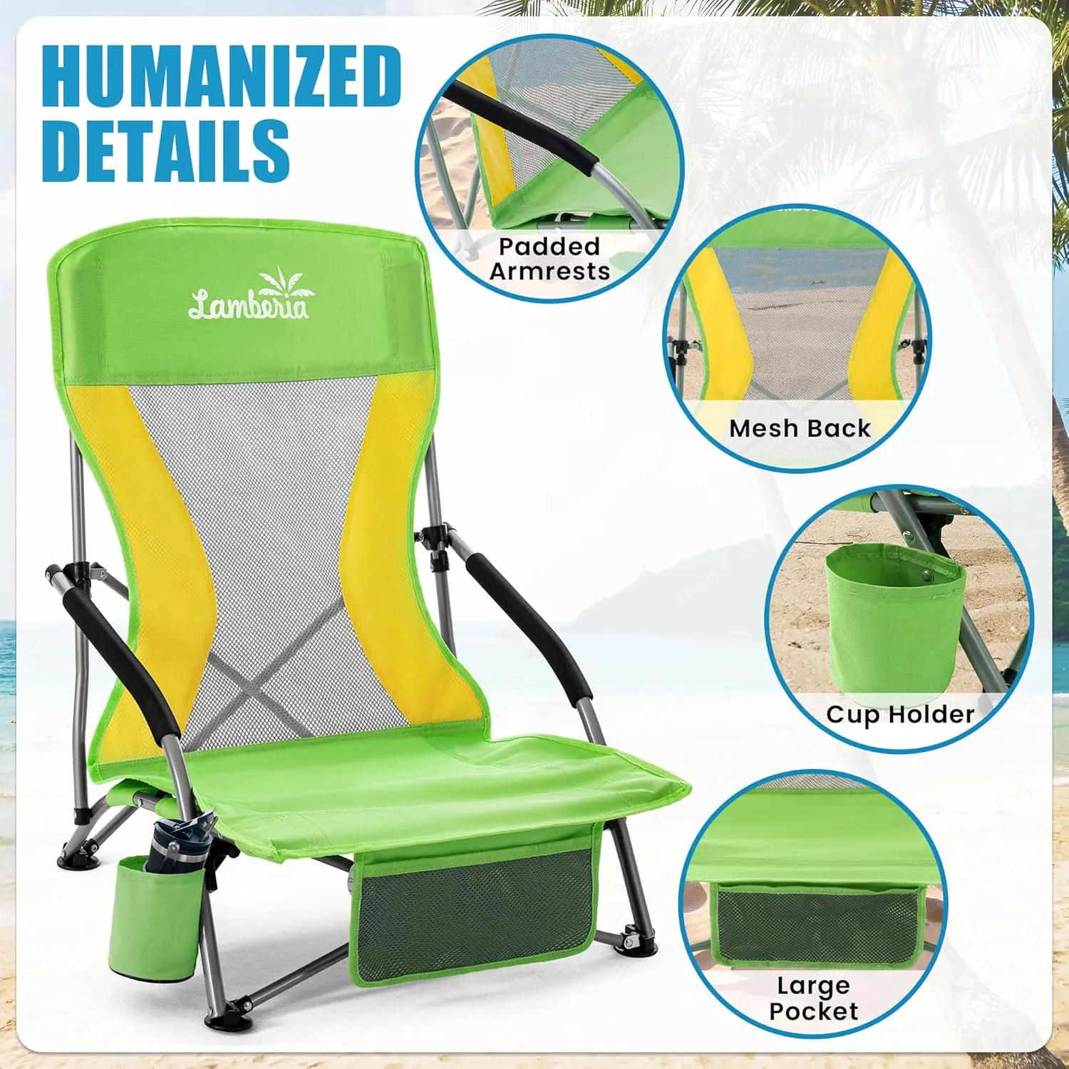 Lamberia Folding Beach Chair for Adults, Portable Low Beach Chairs with 300lbs Capacity, Lightweight Fodable Camping Chair for Travel, Picnic, Concert & Outdoor Activities,Green-Yellow