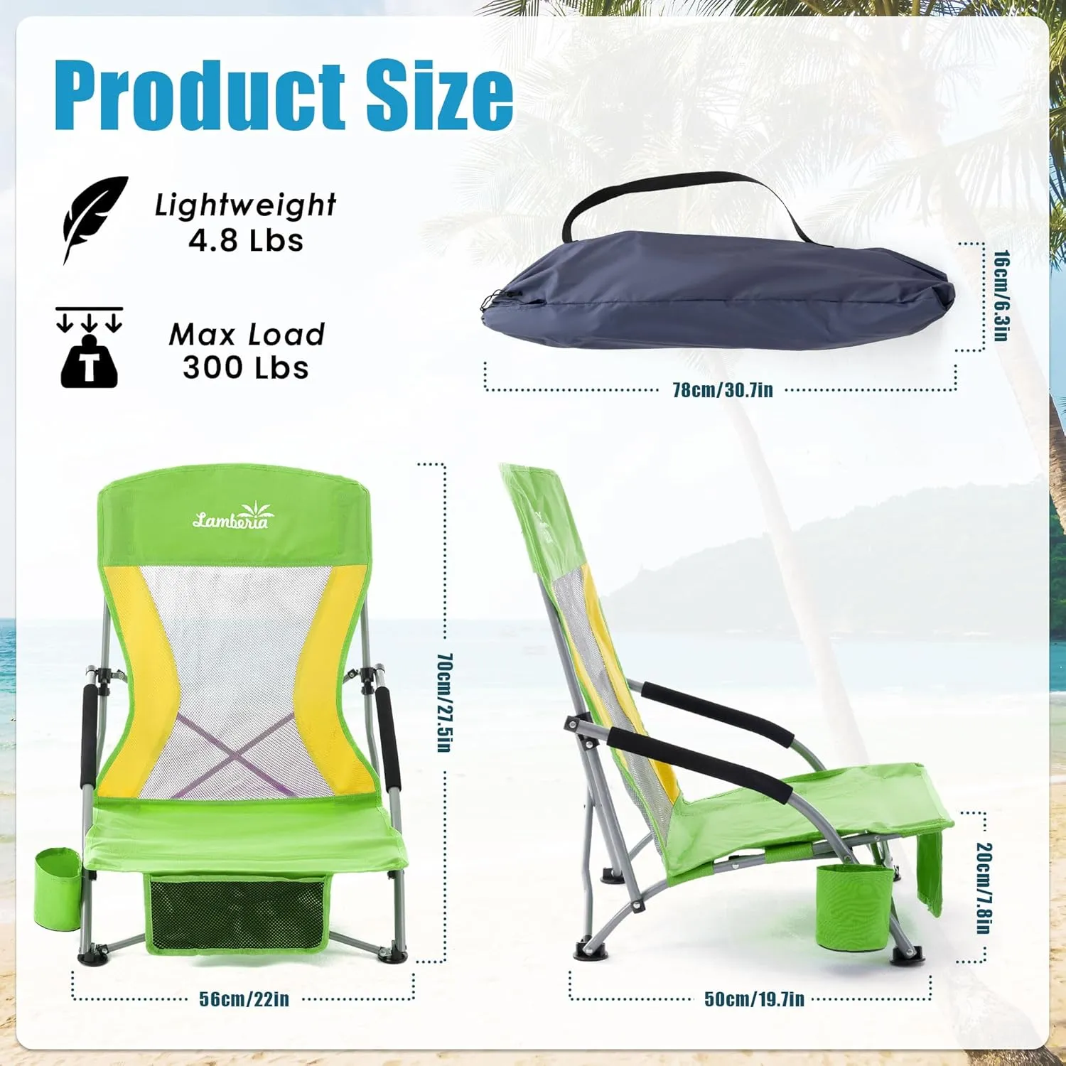 Lamberia Folding Beach Chair for Adults, Portable Low Beach Chairs with 300lbs Capacity, Lightweight Fodable Camping Chair for Travel, Picnic, Concert & Outdoor Activities,Green-Yellow
