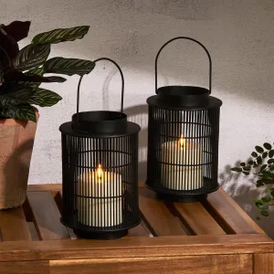 LampLust Outdoor Lantern Decorative Outdoor Patio Decor, Set of 2, 8 Inch Candle Lanterns, Black Metal, Outdoor Lanterns for Patio Waterproof, Battery Included, Modern Farmhouse Front Porch Decor