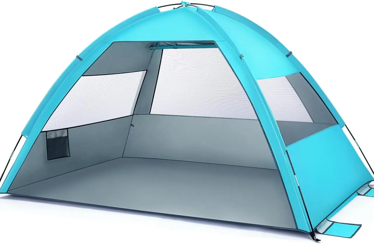 Large Folding Beach Tent UPF 50  Portable Easy Setup Sun Shelter Canopy with Ventilation for Family Camping and Beach Vacations 102.36 X 66.92 X 59.05 in