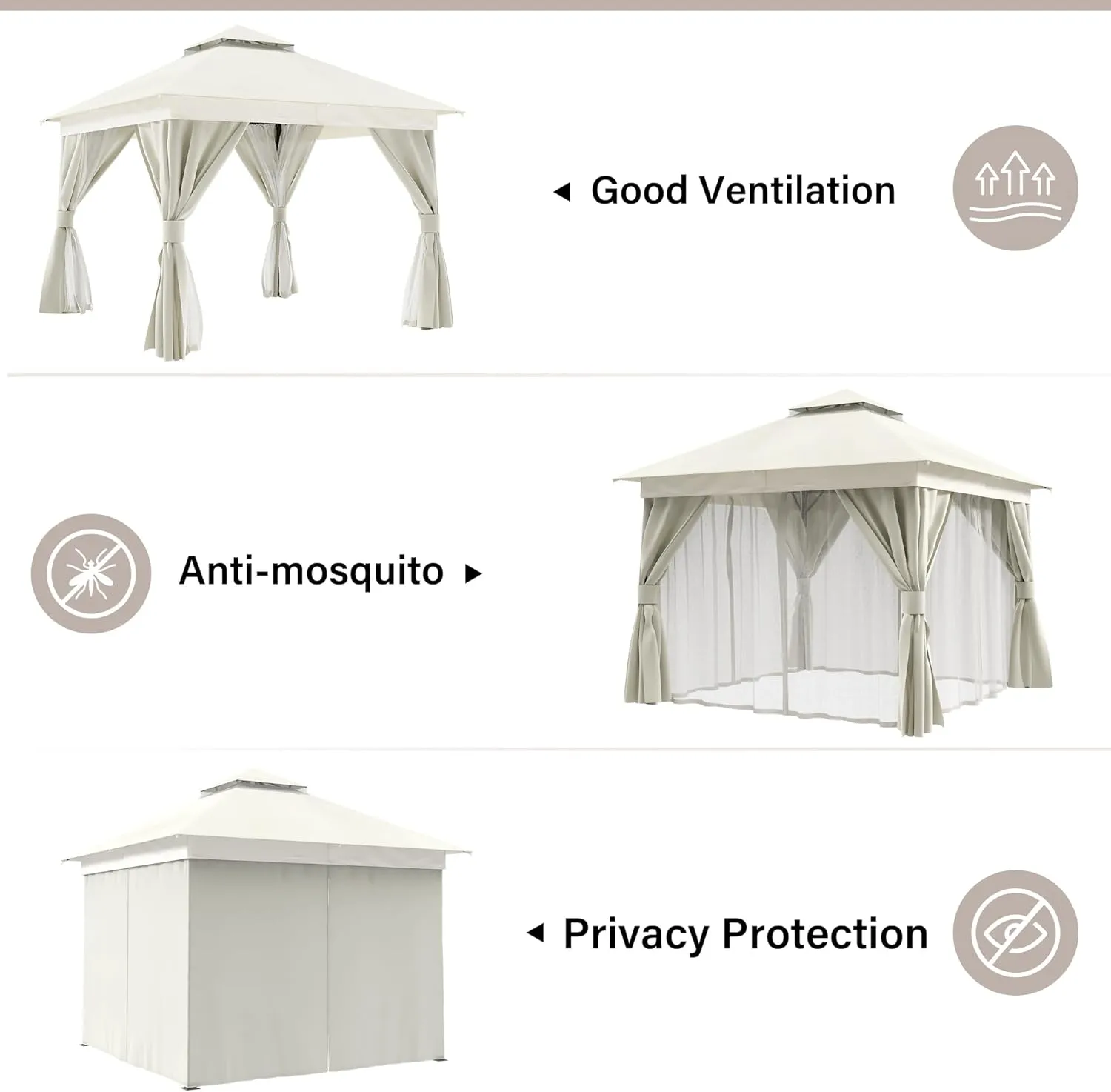 LAUSAINT HOME Outdoor Patio Gazebo 10'x10' with Expansion Bolts, Heavy Duty Gazebos Shelter Party Tent with Double Roofs, Mosquito Nettings and Privacy Screens for Backyard, Garden, Lawn, Cream White
