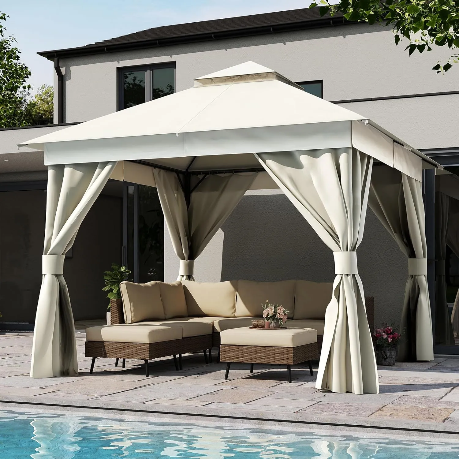 LAUSAINT HOME Outdoor Patio Gazebo 10'x10' with Expansion Bolts, Heavy Duty Gazebos Shelter Party Tent with Double Roofs, Mosquito Nettings and Privacy Screens for Backyard, Garden, Lawn, Cream White