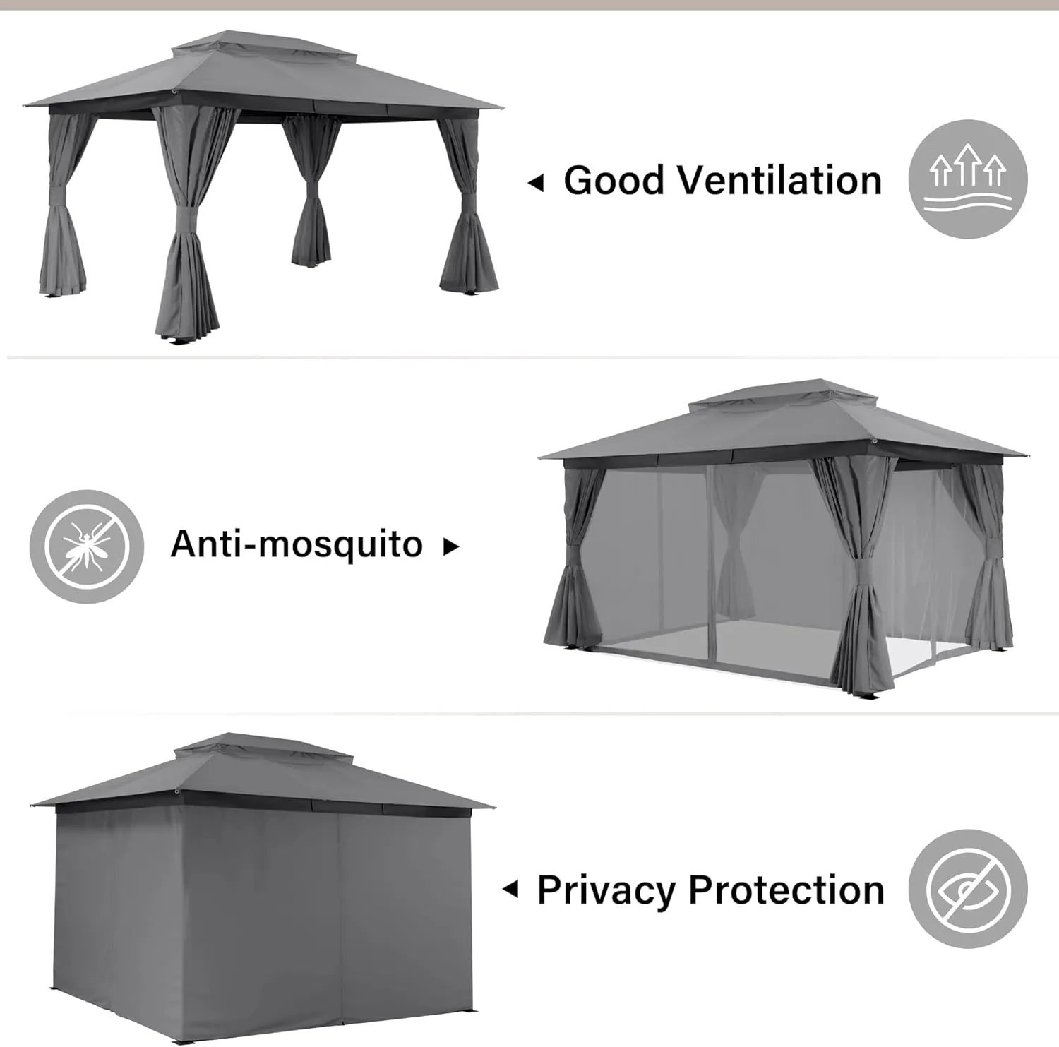 LAUSAINT HOME Outdoor Patio Gazebo 10'x13' with Expansion Bolts, Heavy Duty Party Tent & Shelter with Double Roofs, Mosquito Nettings and Privacy Screens for Backyard, Garden, Lawn, Smoke Grey