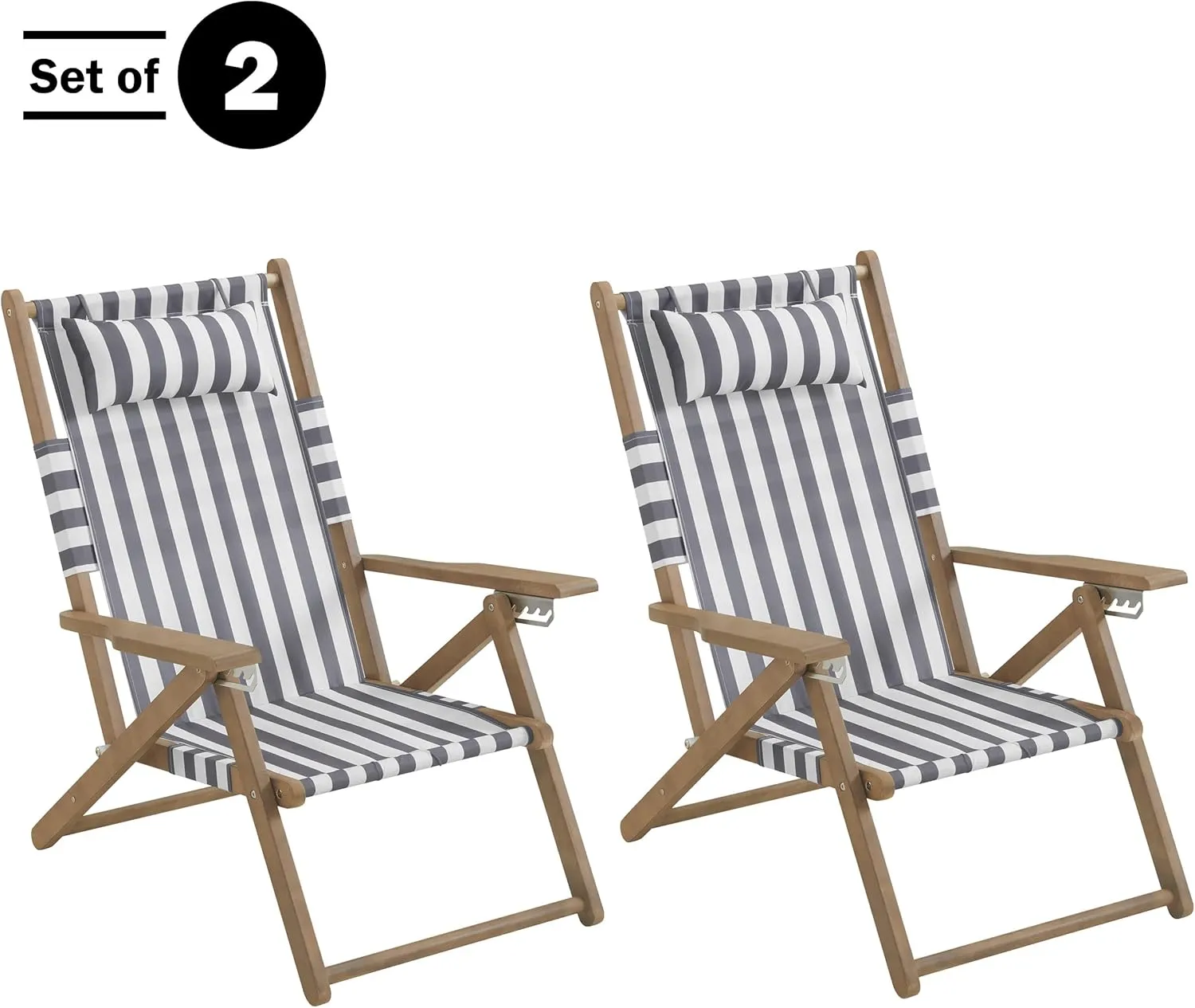 Lavish Home Set of 2 Beach Chair - Outdoor Weather-Resistant Wood Folding Chair with Backpack Straps - 4-Position Reclining Seat - Beach Essentials (Gray)