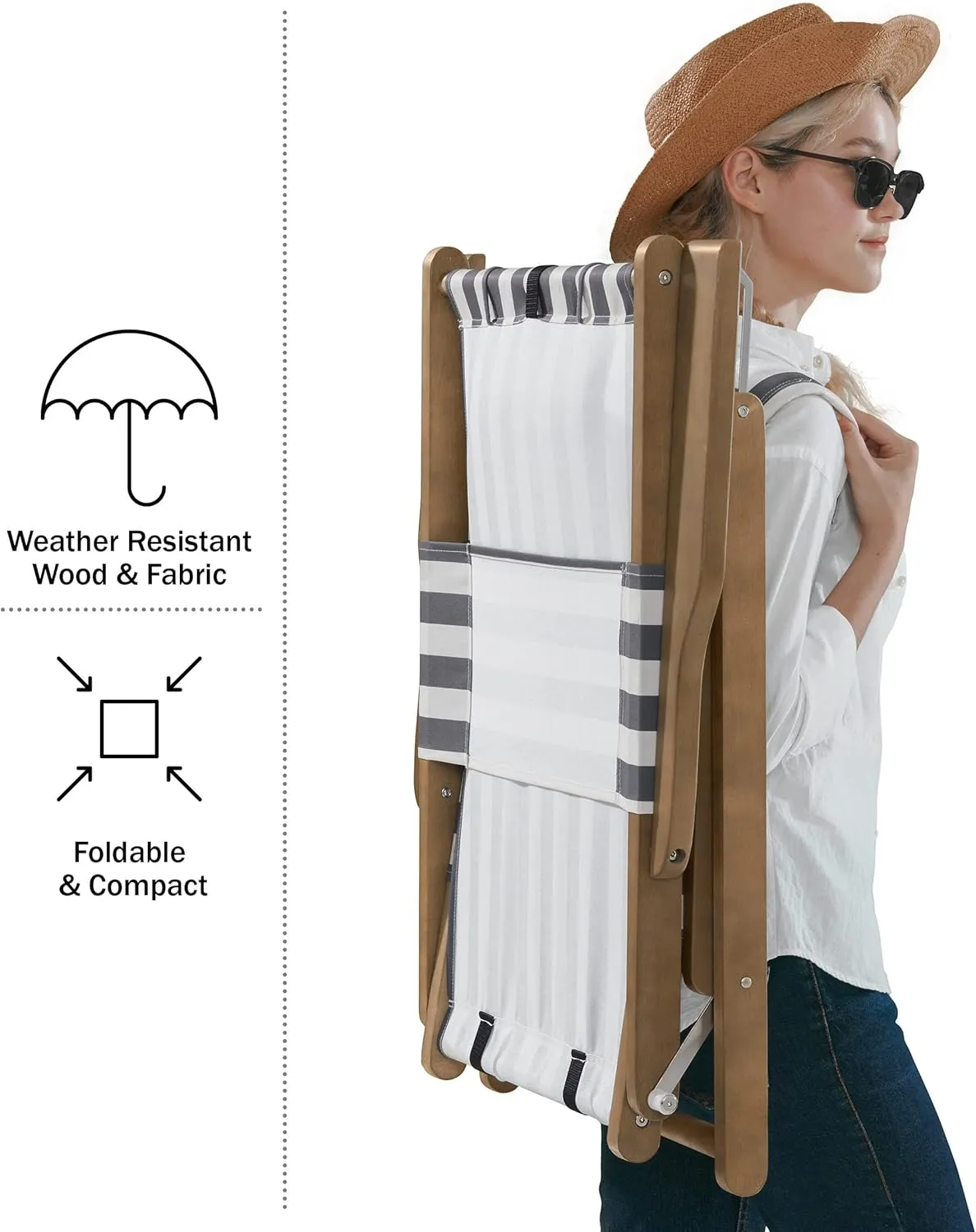 Lavish Home Set of 2 Beach Chair - Outdoor Weather-Resistant Wood Folding Chair with Backpack Straps - 4-Position Reclining Seat - Beach Essentials (Gray)