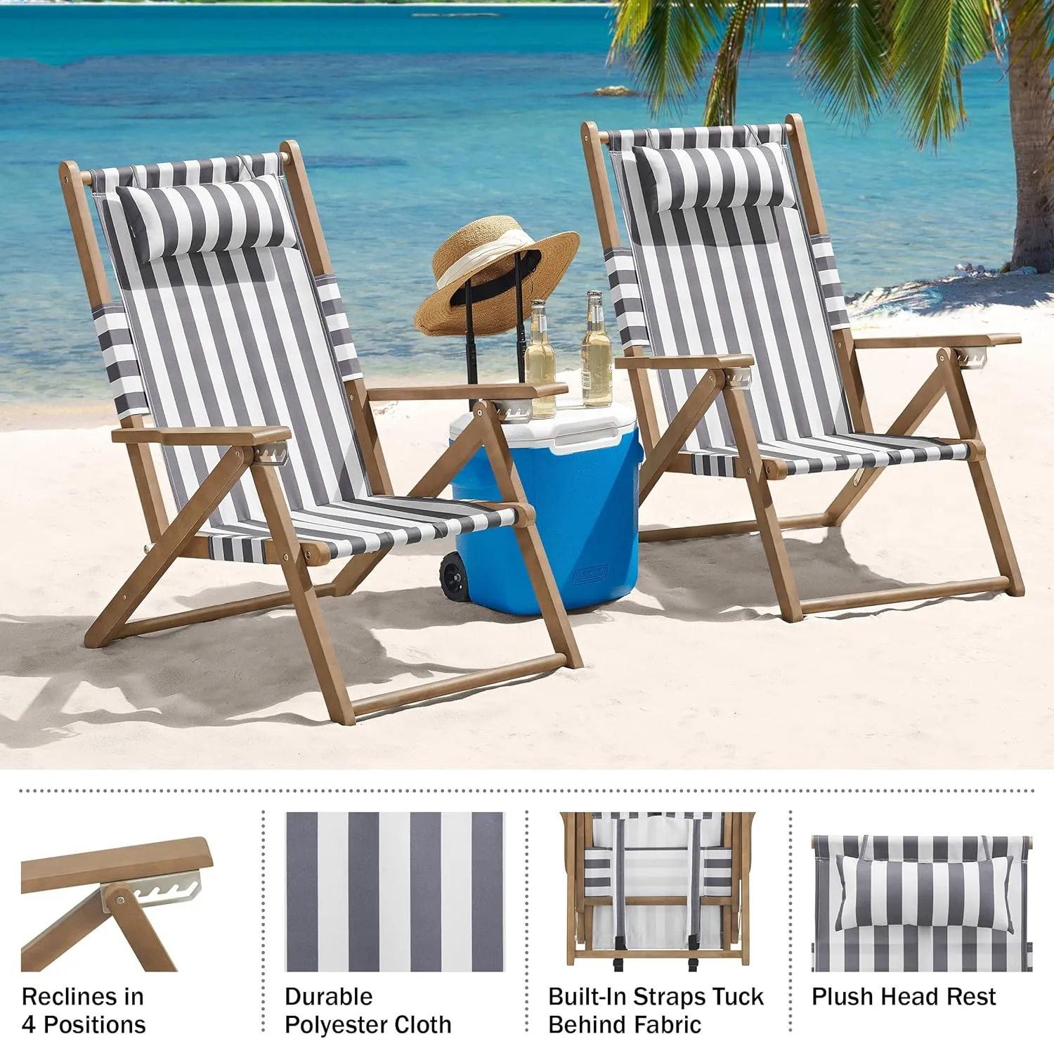 Lavish Home Set of 2 Beach Chair - Outdoor Weather-Resistant Wood Folding Chair with Backpack Straps - 4-Position Reclining Seat - Beach Essentials (Gray)