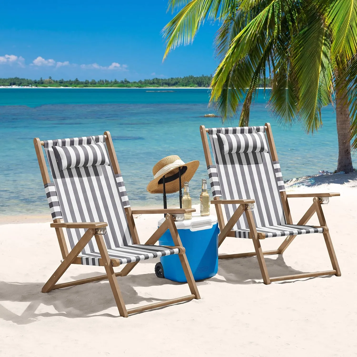 Lavish Home Set of 2 Beach Chair - Outdoor Weather-Resistant Wood Folding Chair with Backpack Straps - 4-Position Reclining Seat - Beach Essentials (Gray)