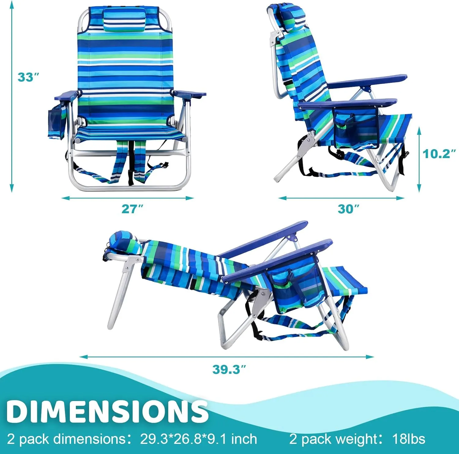 LEMBERI Backpack Beach Chairs for Adults,1/2 Pack Folding Heavy Duty Camping Chair with Large Pockets and Cup Holder,Adjustable high Beach Lounge Chair with Towel Rack for Outdoor (1, Deep Blue)