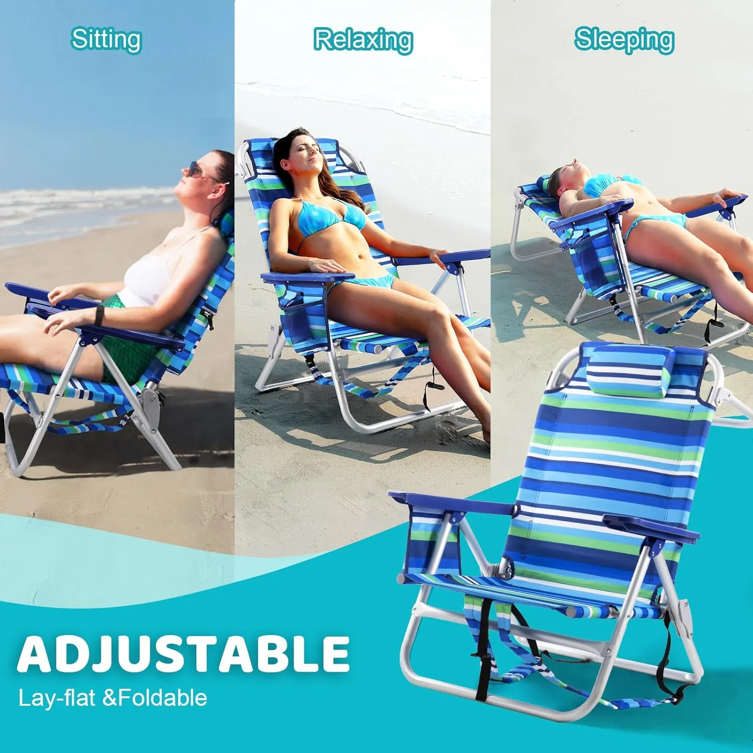 LEMBERI Backpack Beach Chairs for Adults,1/2 Pack Folding Heavy Duty Camping Chair with Large Pockets and Cup Holder,Adjustable high Beach Lounge Chair with Towel Rack for Outdoor (1, Deep Blue)