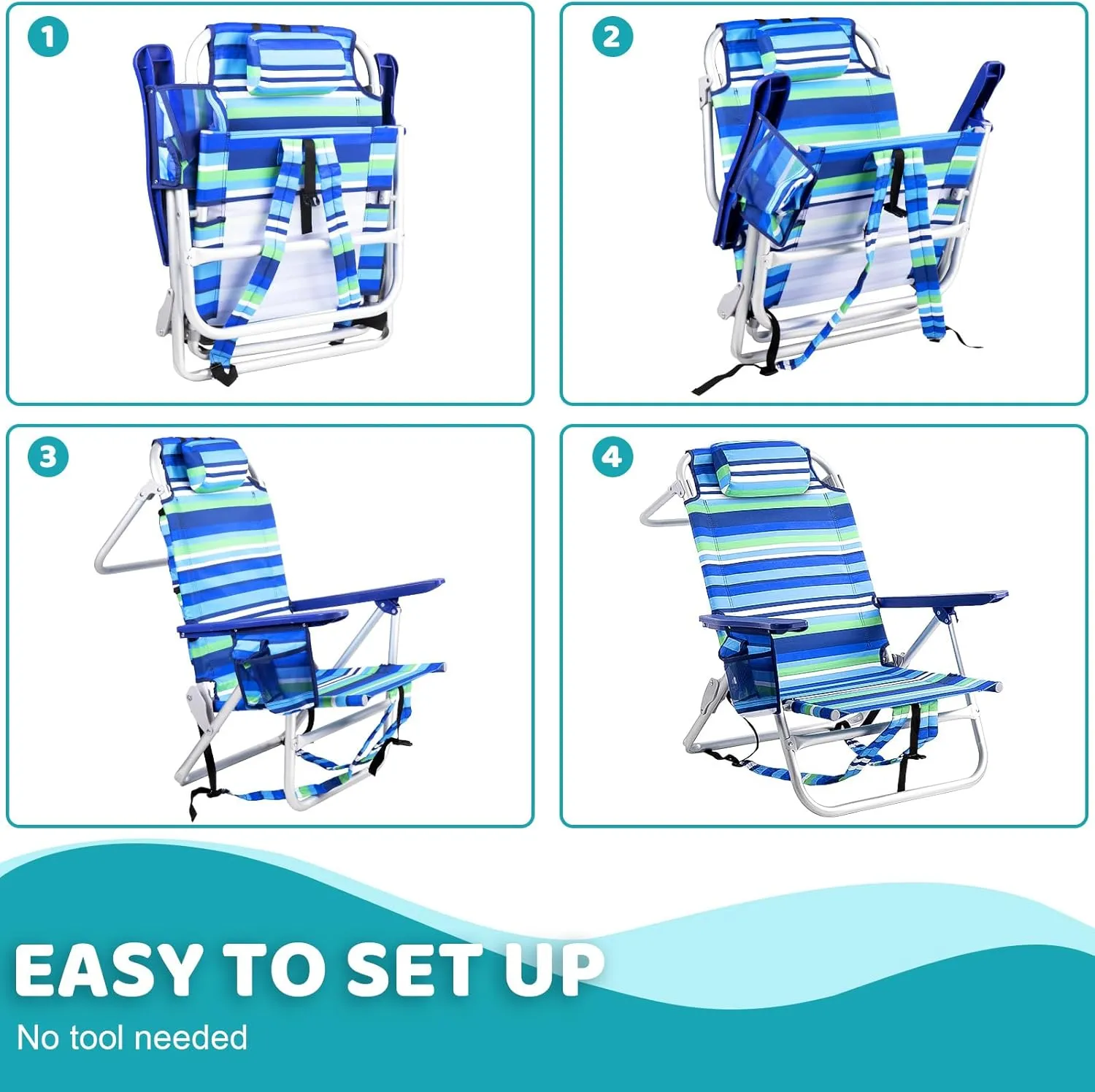 LEMBERI Backpack Beach Chairs for Adults,1/2 Pack Folding Heavy Duty Camping Chair with Large Pockets and Cup Holder,Adjustable high Beach Lounge Chair with Towel Rack for Outdoor (1, Deep Blue)