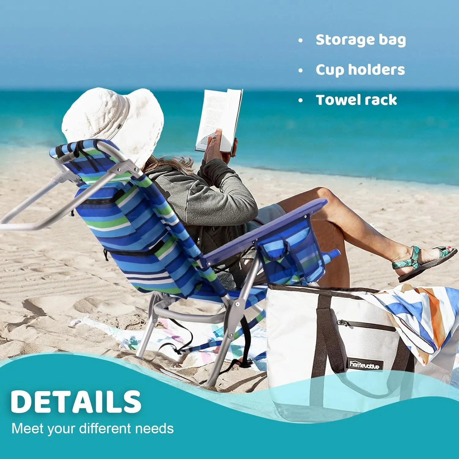 LEMBERI Backpack Beach Chairs for Adults,1/2 Pack Folding Heavy Duty Camping Chair with Large Pockets and Cup Holder,Adjustable high Beach Lounge Chair with Towel Rack for Outdoor (1, Deep Blue)