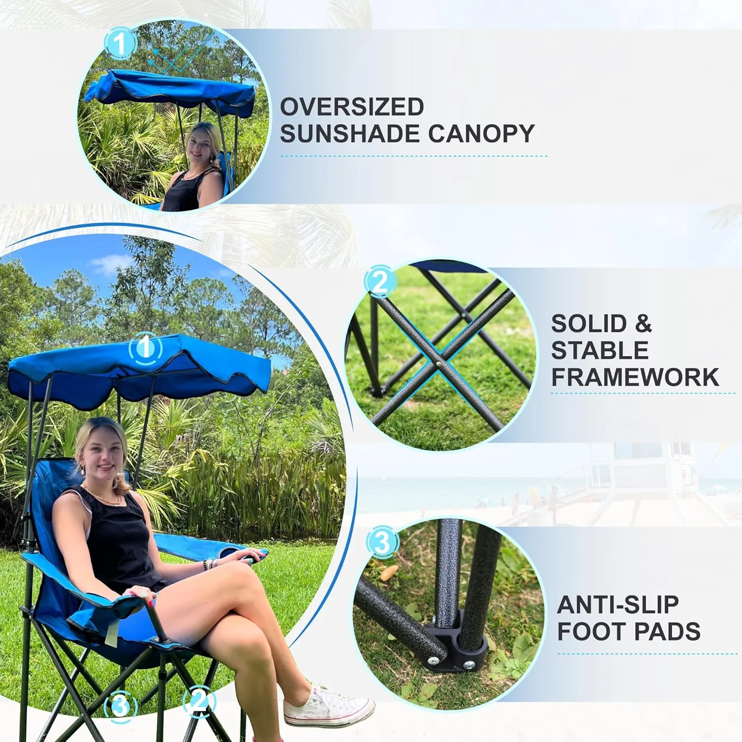 LET'S CAMP Camp Chair with Shade Canopy Folding Camping Recliner Chair with Carry Bag for Outdoor Camping Hiking Beach, Heavy Duty 350 LBS